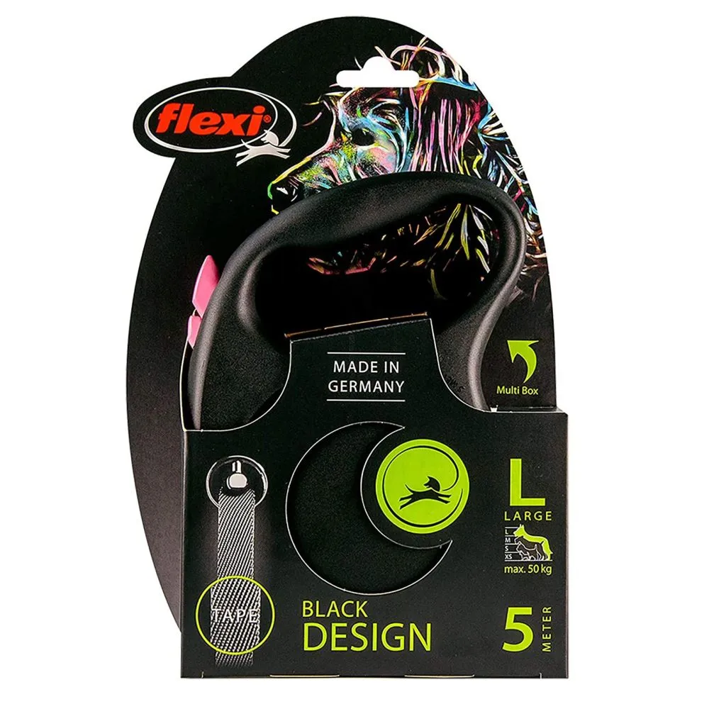 Flexi 5m Large Black Design wth Pink Tape Retractable Dog Lead