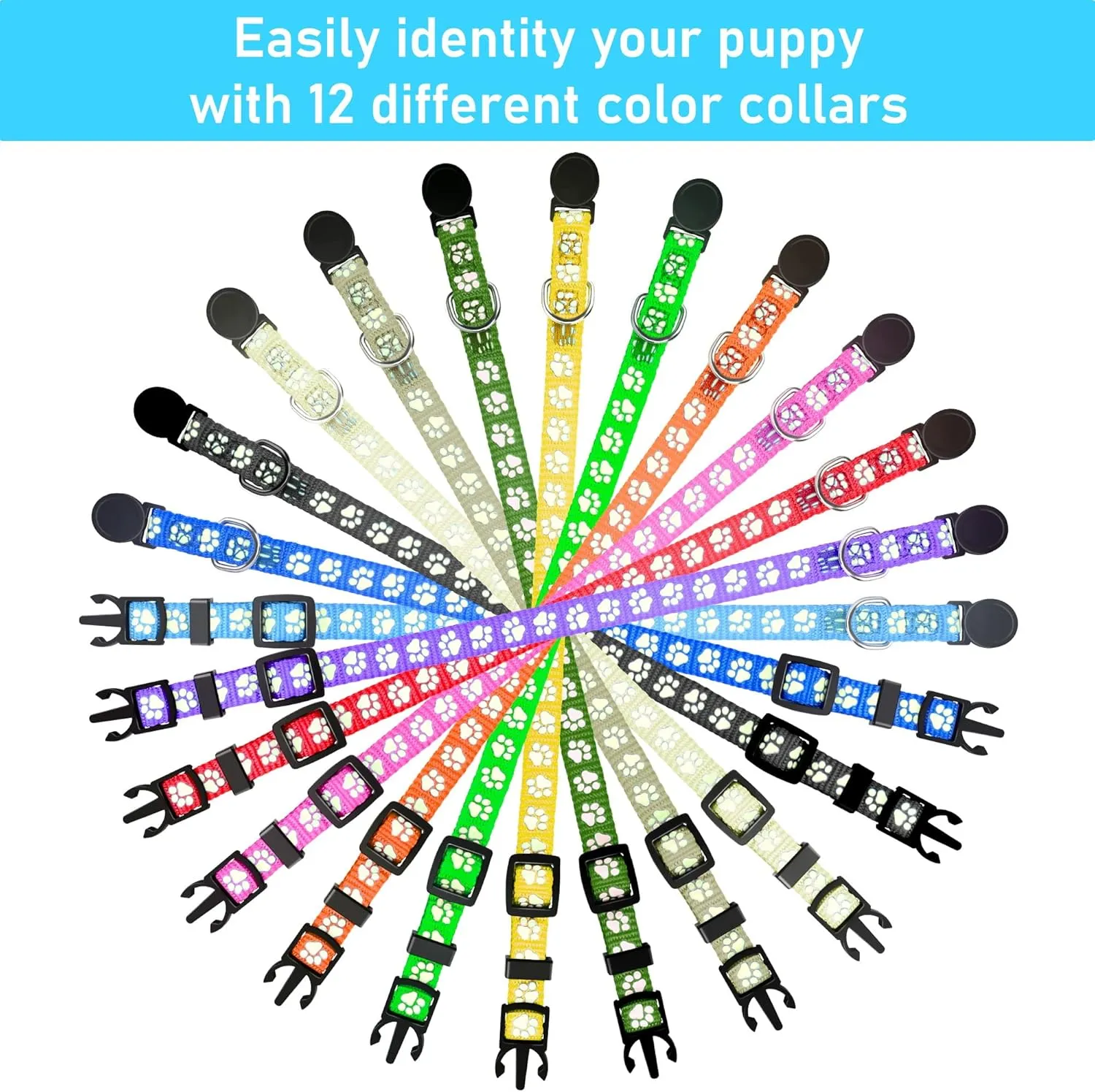 GAMUDA 12Pcs Reflective Puppy Collars, Soft Nylon Whelping Collars, Identification Collars Glow in The Dark, Adjustable Breakaway Litter Collars with 2 Record Keeping Charts