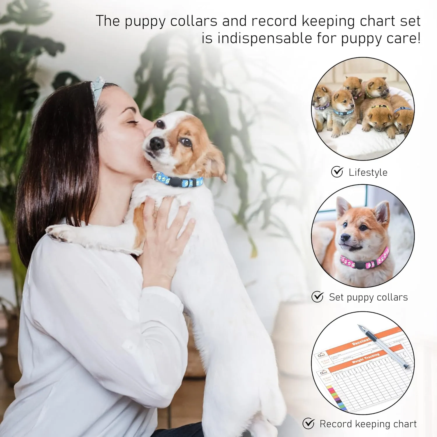 GAMUDA 12Pcs Reflective Puppy Collars, Soft Nylon Whelping Collars, Identification Collars Glow in The Dark, Adjustable Breakaway Litter Collars with 2 Record Keeping Charts