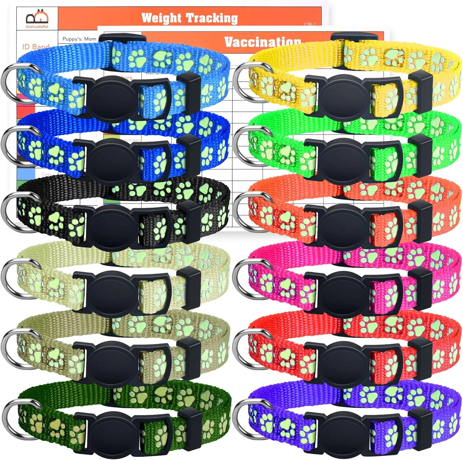 GAMUDA 12Pcs Reflective Puppy Collars, Soft Nylon Whelping Collars, Identification Collars Glow in The Dark, Adjustable Breakaway Litter Collars with 2 Record Keeping Charts