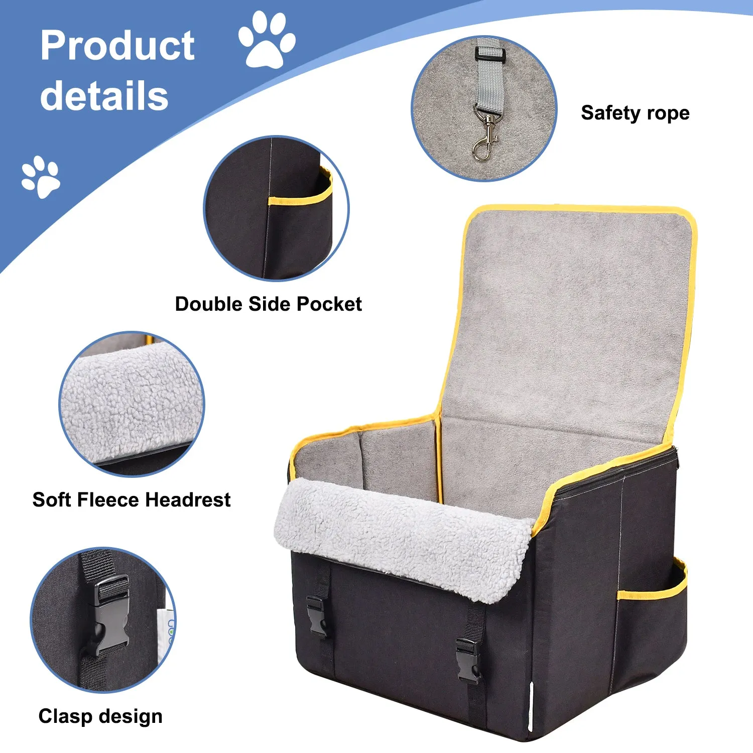 GOOPAWS Dog Car Seat for Small or Medium Dogs, Portable Dog Car Travel Bed with Clip-On Safety Leash, Briefcase Shape Waterproof Dog Booster Car Seat, Suitable for Pets Up to 25lbs, Black, 16''