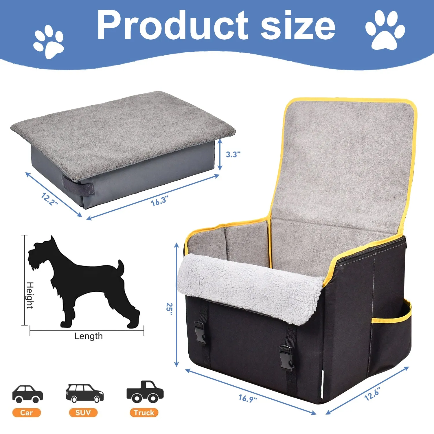 GOOPAWS Dog Car Seat for Small or Medium Dogs, Portable Dog Car Travel Bed with Clip-On Safety Leash, Briefcase Shape Waterproof Dog Booster Car Seat, Suitable for Pets Up to 25lbs, Black, 16''