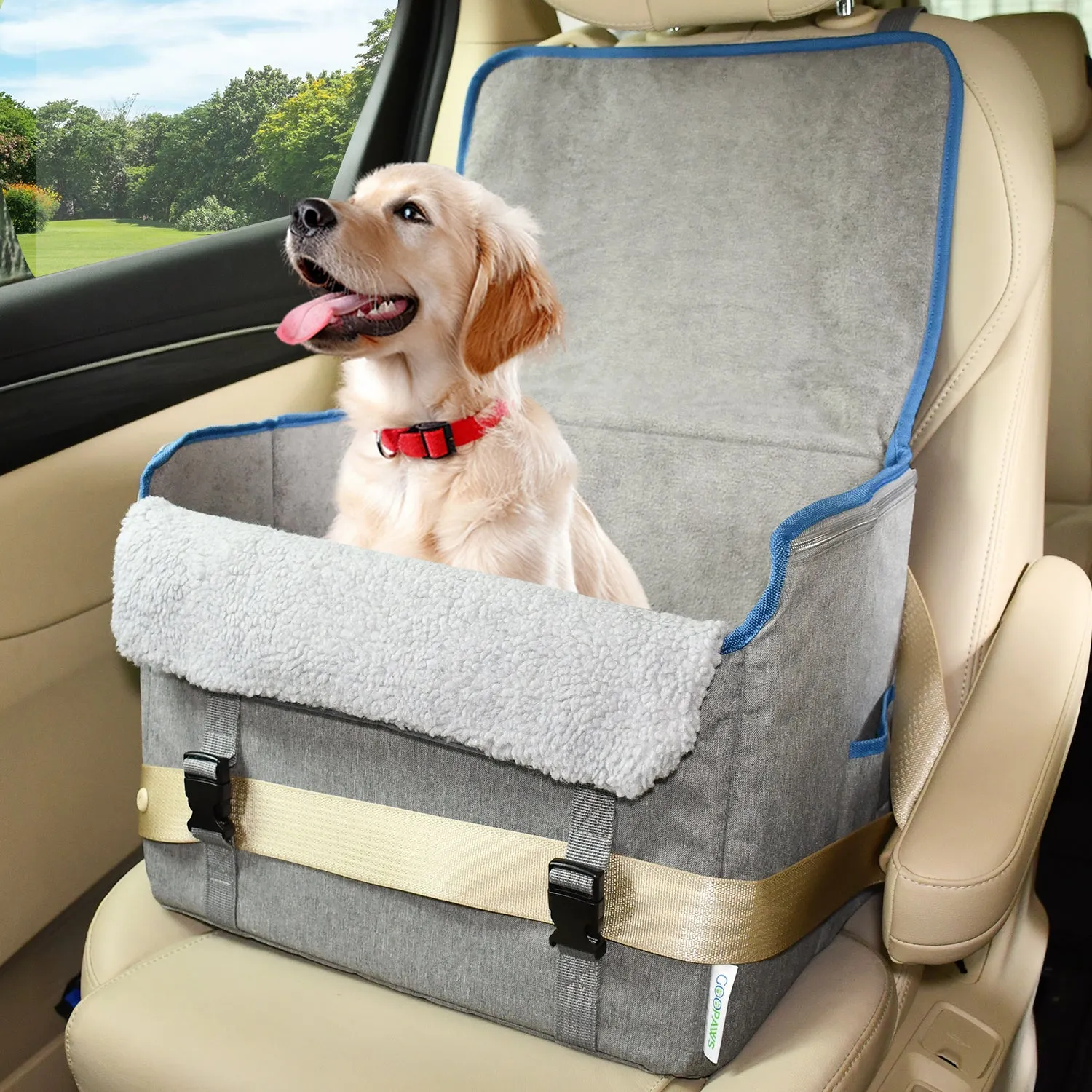 GOOPAWS Dog Car Seat for Small or Medium Dogs, Portable Dog Car Travel Bed with Clip-On Safety Leash, Briefcase Shape Waterproof Dog Booster Car Seat, Suitable for Pets Up to 25lbs, Black, 16''