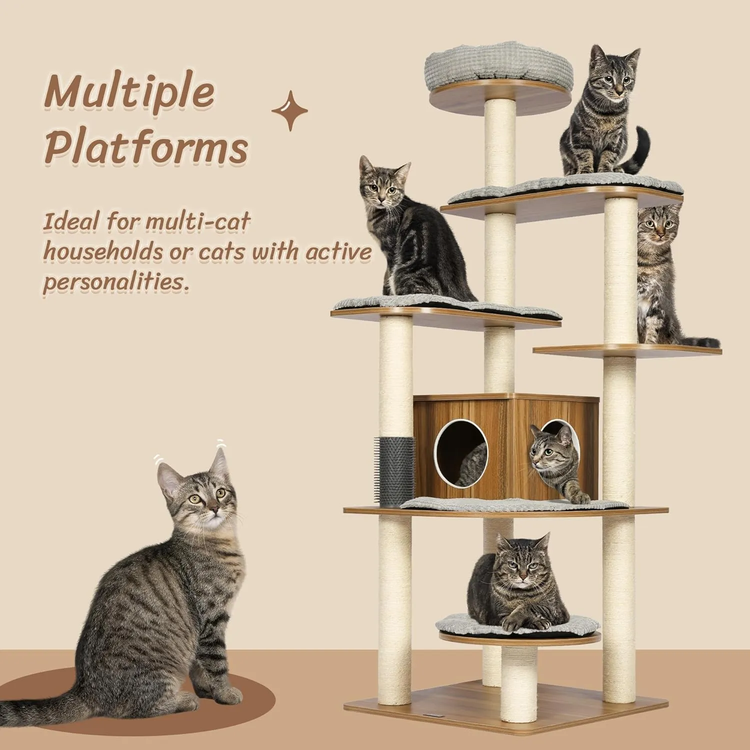 KAMABOKO Tall Wood Cat Tree, 69 Large Cat Tower Multi-Level Platforms with Sisal Scratching Posts, Cat Tree for Large Cats 20 lbs Heavy Duty, Cat Condo Furniture for Active Cats
