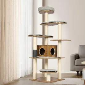 KAMABOKO Tall Wood Cat Tree, 69 Large Cat Tower Multi-Level Platforms with Sisal Scratching Posts, Cat Tree for Large Cats 20 lbs Heavy Duty, Cat Condo Furniture for Active Cats