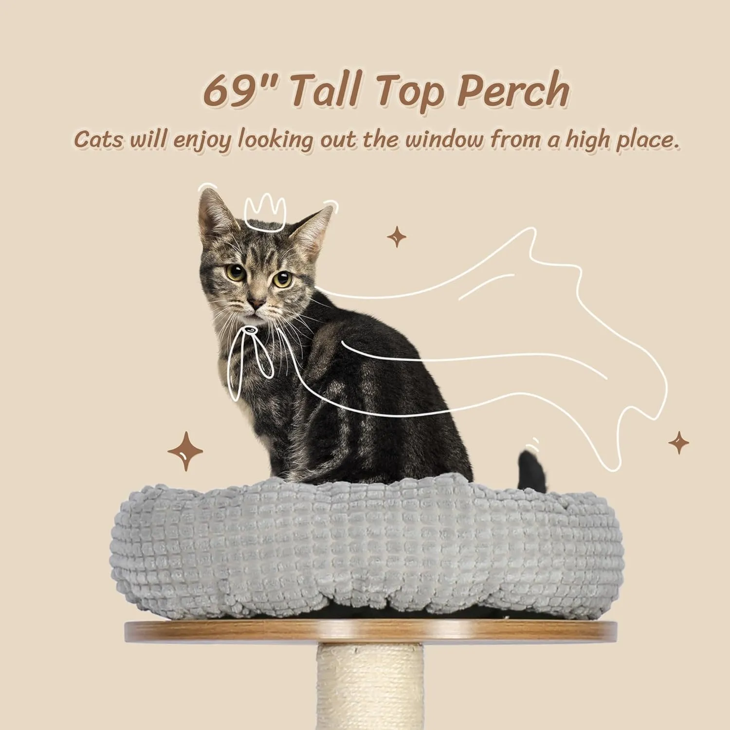 KAMABOKO Tall Wood Cat Tree, 69 Large Cat Tower Multi-Level Platforms with Sisal Scratching Posts, Cat Tree for Large Cats 20 lbs Heavy Duty, Cat Condo Furniture for Active Cats