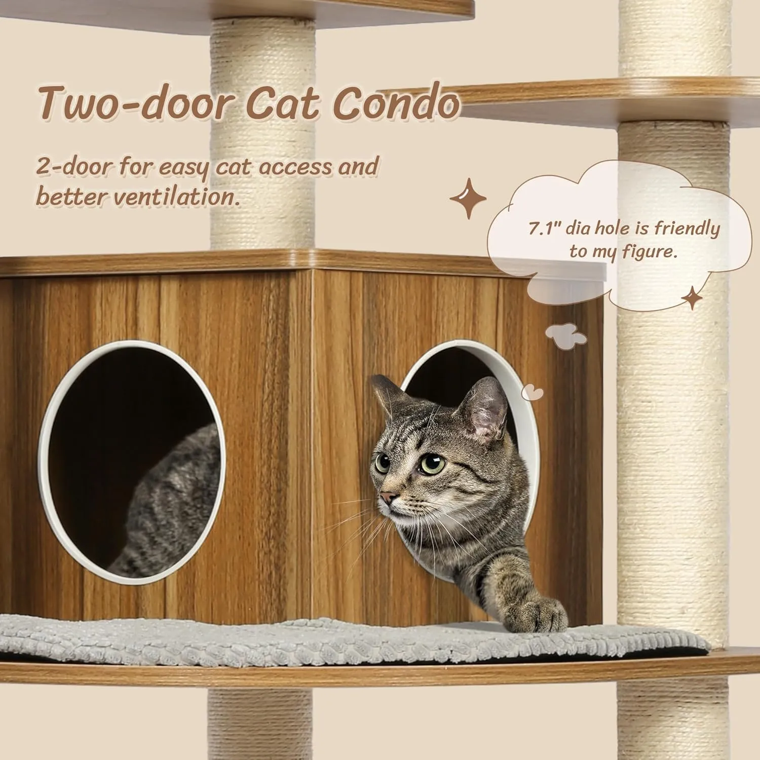 KAMABOKO Tall Wood Cat Tree, 69 Large Cat Tower Multi-Level Platforms with Sisal Scratching Posts, Cat Tree for Large Cats 20 lbs Heavy Duty, Cat Condo Furniture for Active Cats