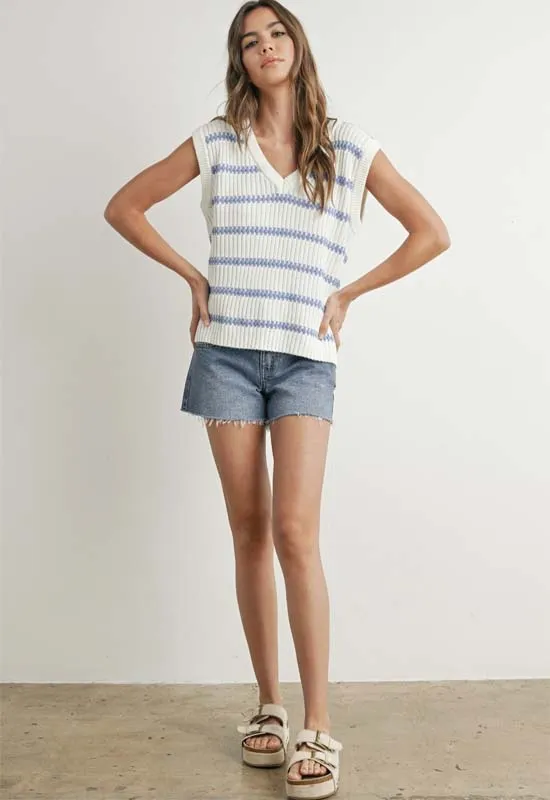Knitted Sleeveless Sweater - Ivory Blue