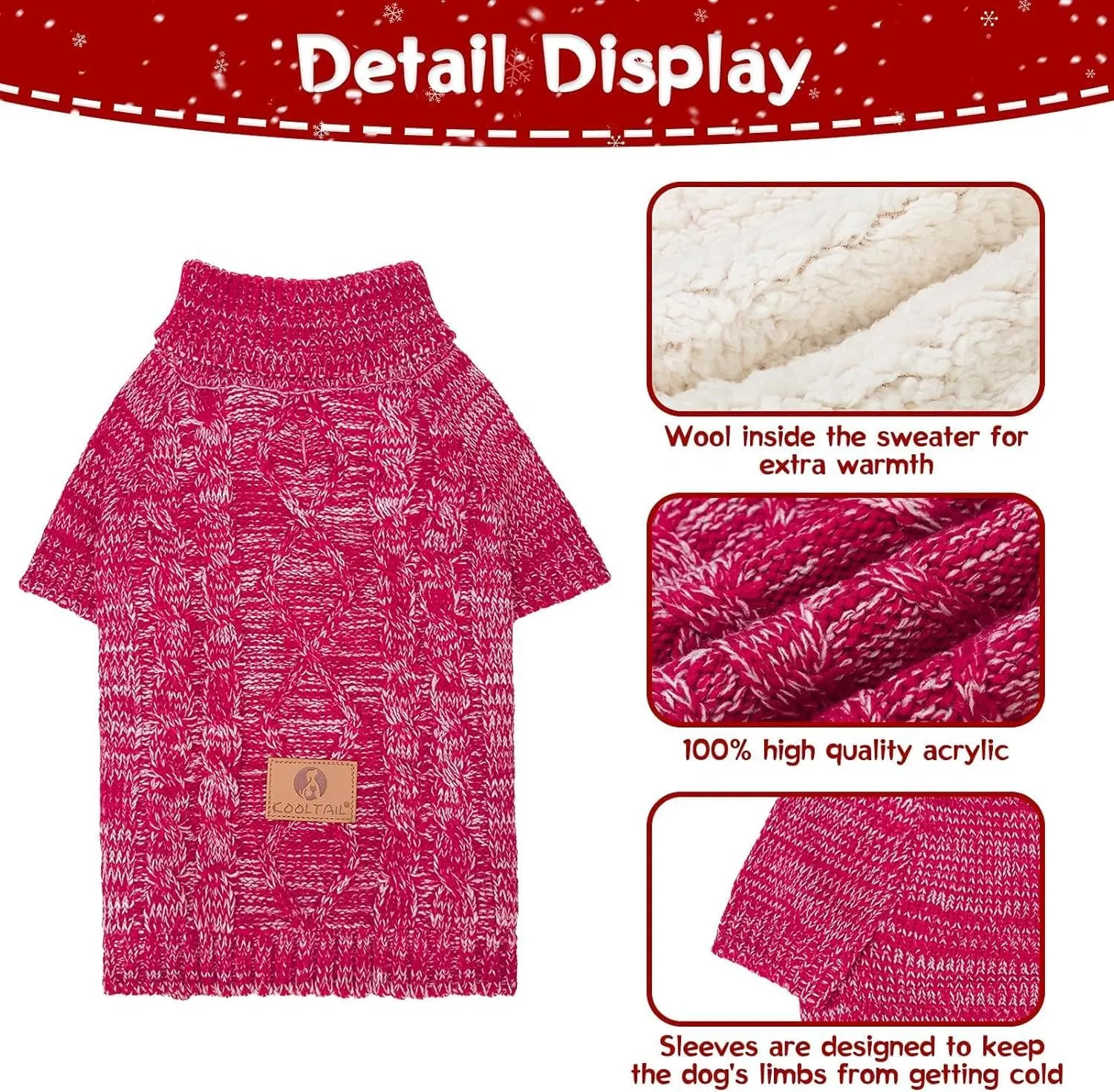 KOOLTAIL Knit Turtleneck Dog Sweater for Small Medium Large Dogs, Warm Puppy Clothes for Fall Winter, Cozy Sweatshirts Dog Coats for Cold Weather, Christmas Pullover Pet Jumper for Puppy Cats Red M
