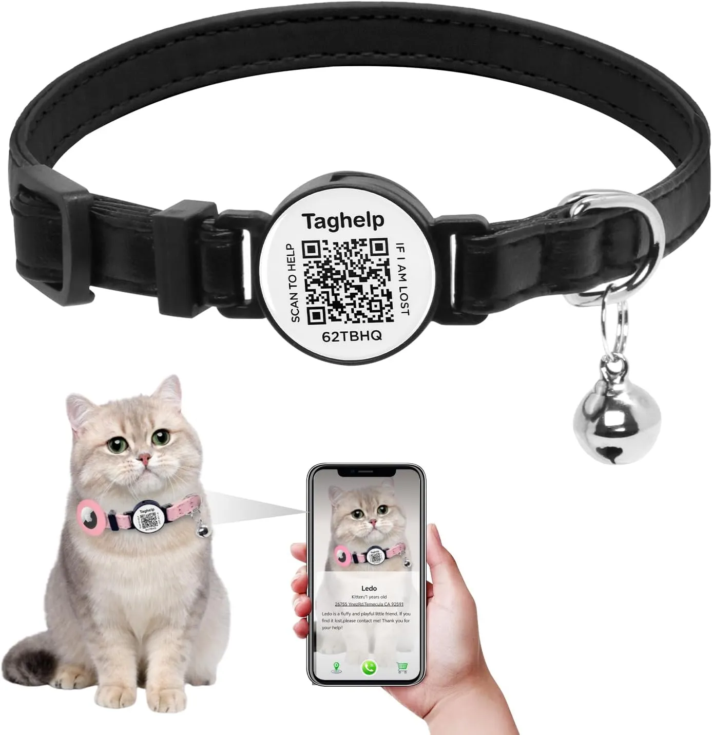 Leather Breakaway Cat Collar With Bell - Smart ID Tag, QR Code for Instant Location Alerts, Emergency Contacts - for Kittens, Small and Big Cats (Black)