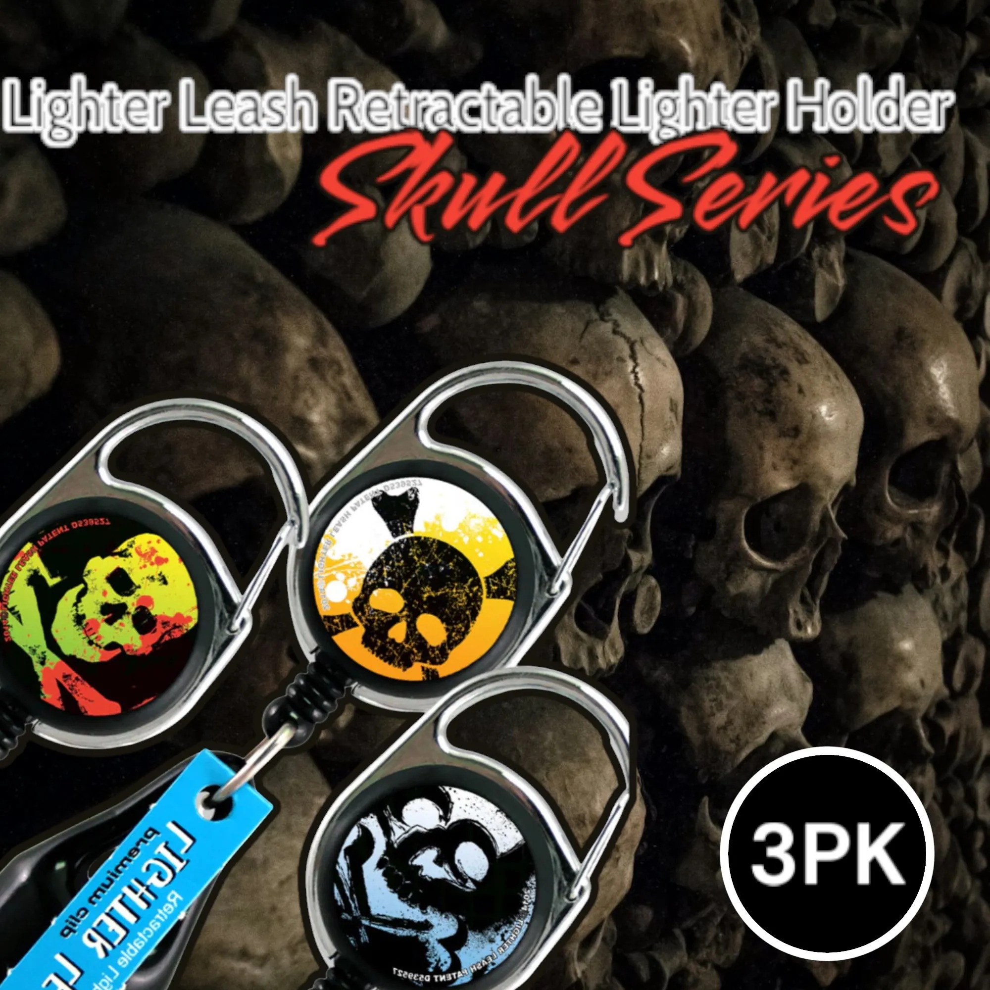 Lighter Leash Retractable Lighter Holder -Skull Series - Standard Size - 3PK