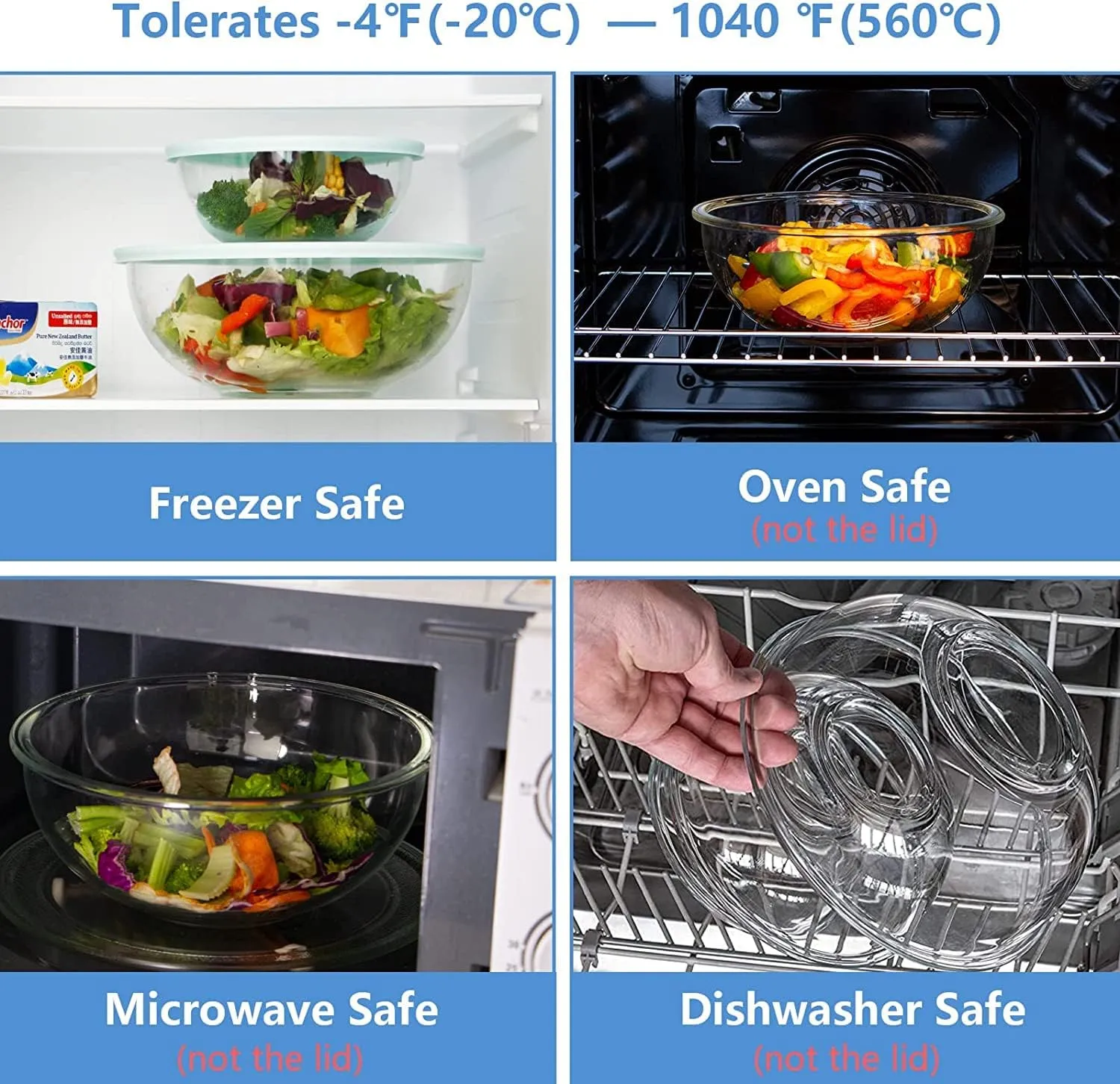 Luvan Borosilicate Clear Glass Mixing Bowls with Lids Set of 4 (0.53qt, 1.1qt, 2.1qt, 3.7qt), Space Saving Nesting Bowls Large Kitchen Salad Bowls for Meal Preping,Baking,Mixing,Dishwasher Safe