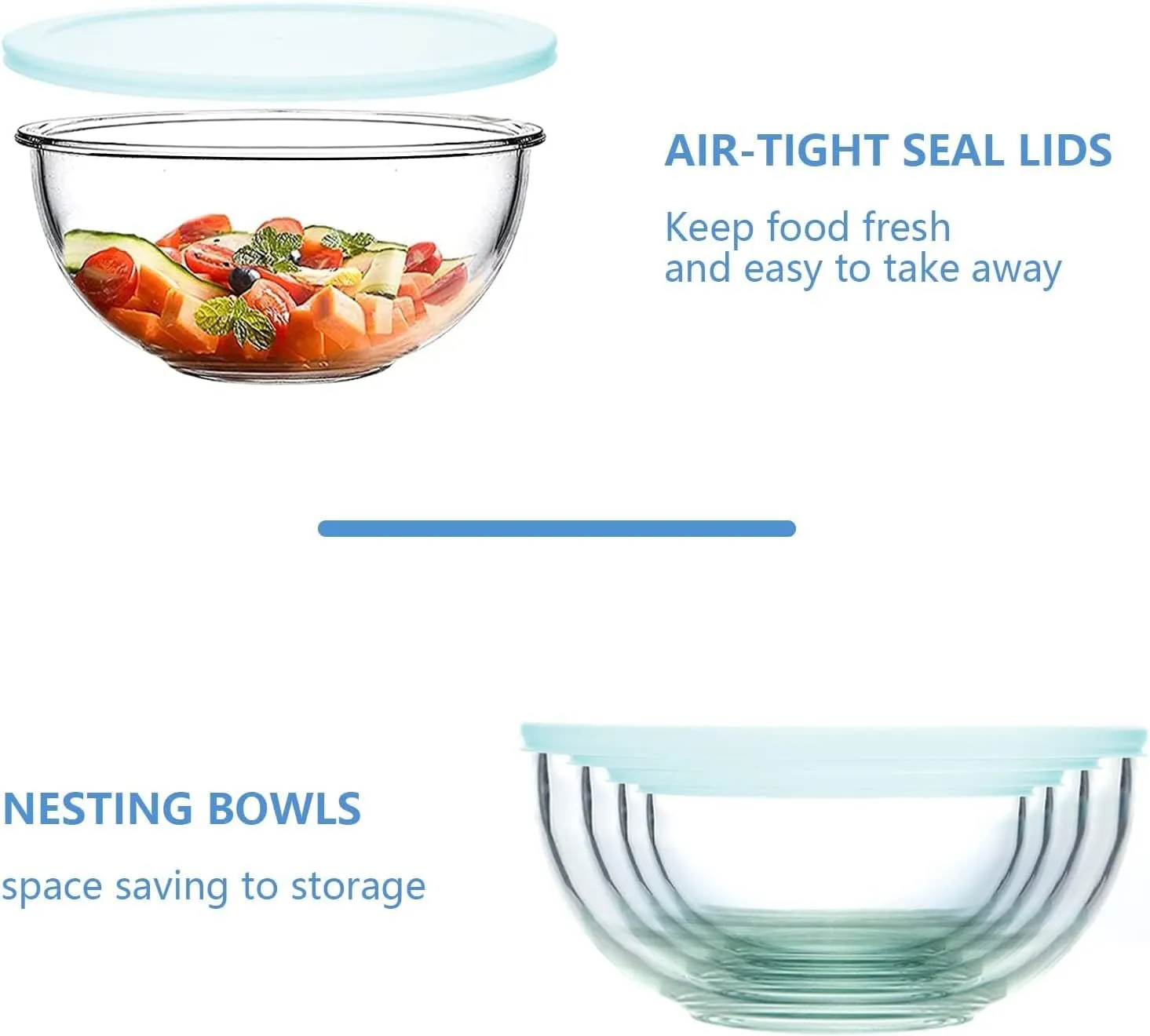 Luvan Borosilicate Clear Glass Mixing Bowls with Lids Set of 4 (0.53qt, 1.1qt, 2.1qt, 3.7qt), Space Saving Nesting Bowls Large Kitchen Salad Bowls for Meal Preping,Baking,Mixing,Dishwasher Safe