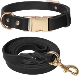 LWBMG 5FT Leather Dog Collar and Leash Set, Heavy Duty Dog Leash and Collar with Metal Buckle,Adjustable Pet Collar and Lead, Soft Pet Leash and Collar Set for Small Medium Large Dogs Black