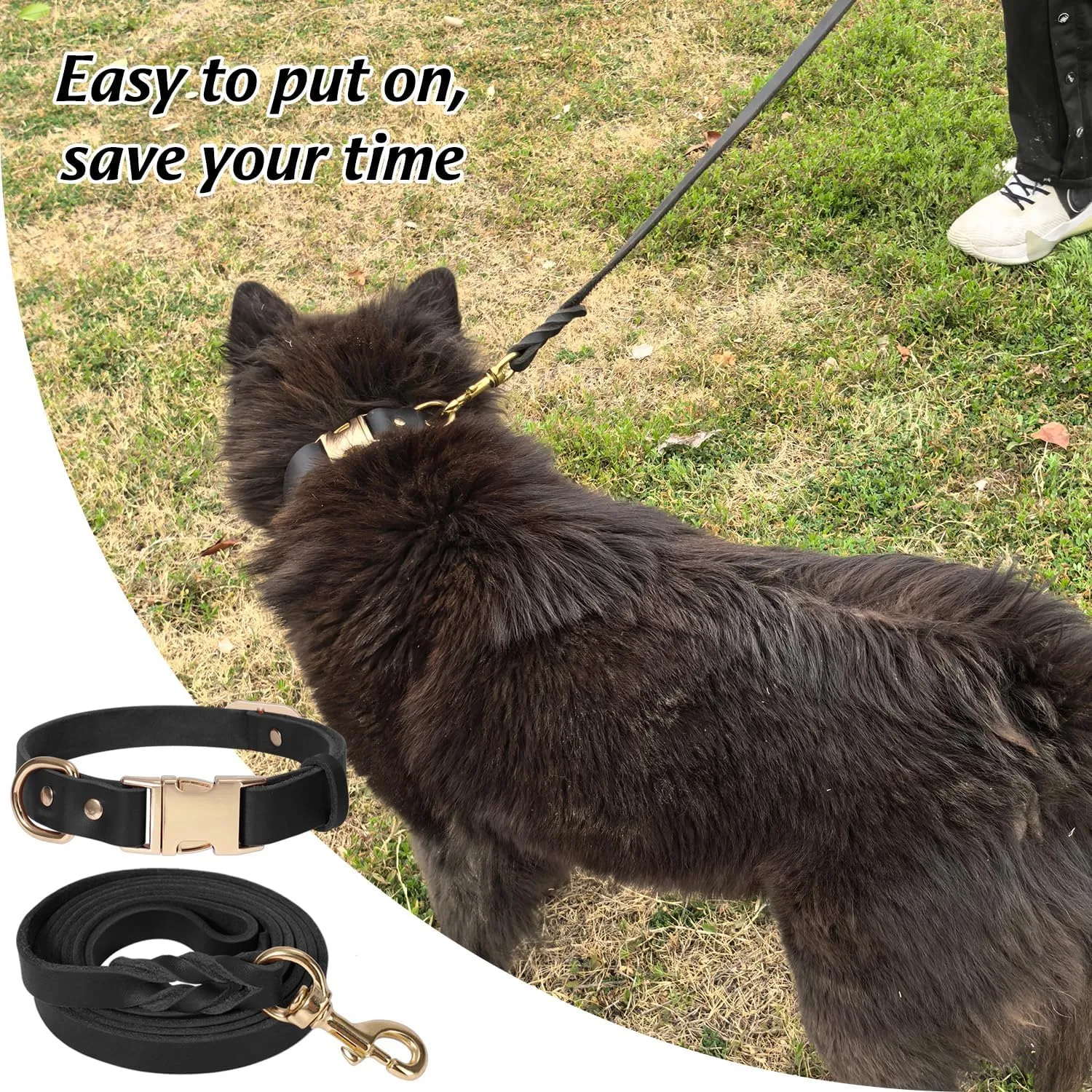 LWBMG 5FT Leather Dog Collar and Leash Set, Heavy Duty Dog Leash and Collar with Metal Buckle,Adjustable Pet Collar and Lead, Soft Pet Leash and Collar Set for Small Medium Large Dogs Black