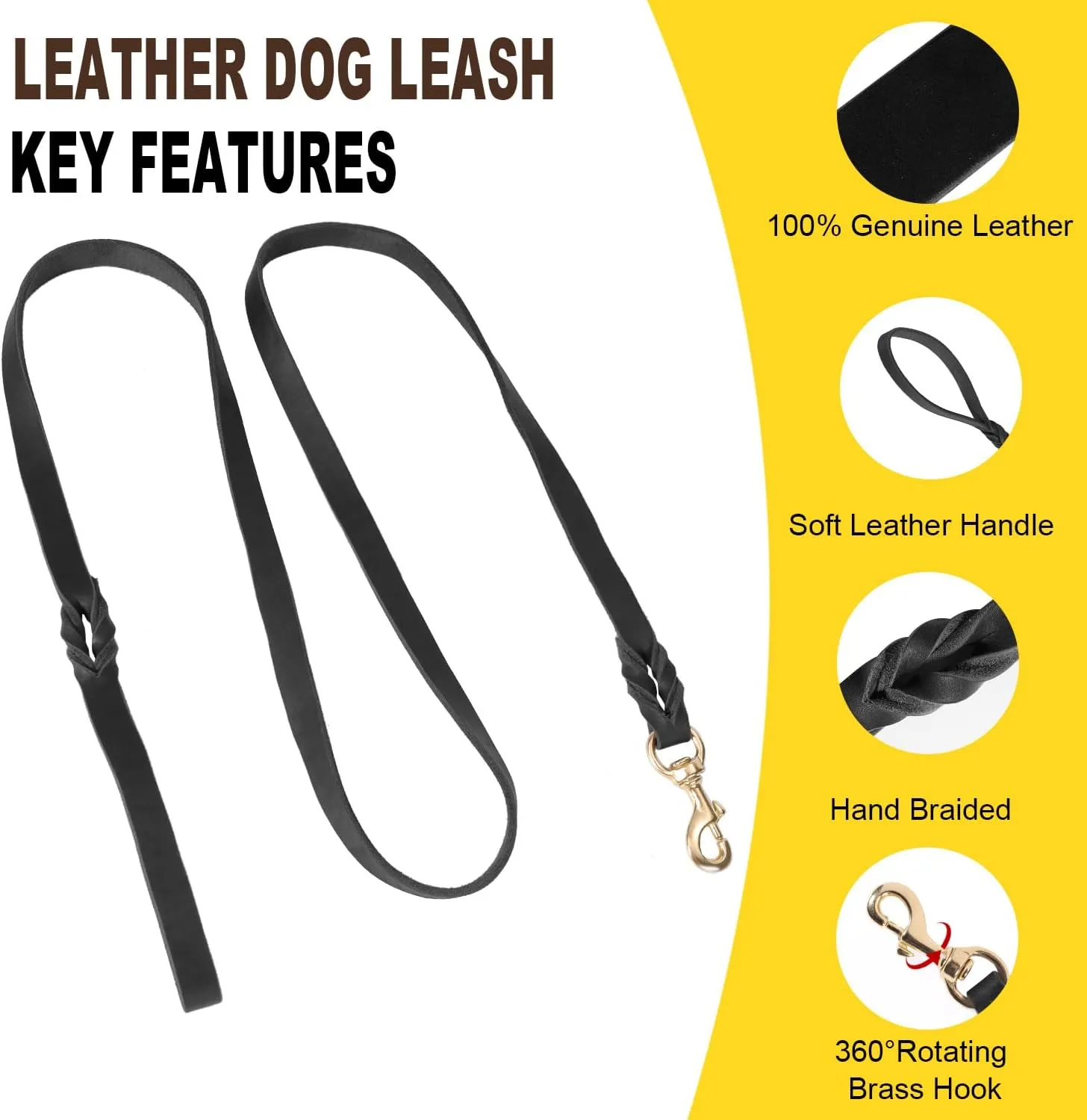 LWBMG 5FT Leather Dog Collar and Leash Set, Heavy Duty Dog Leash and Collar with Metal Buckle,Adjustable Pet Collar and Lead, Soft Pet Leash and Collar Set for Small Medium Large Dogs Black