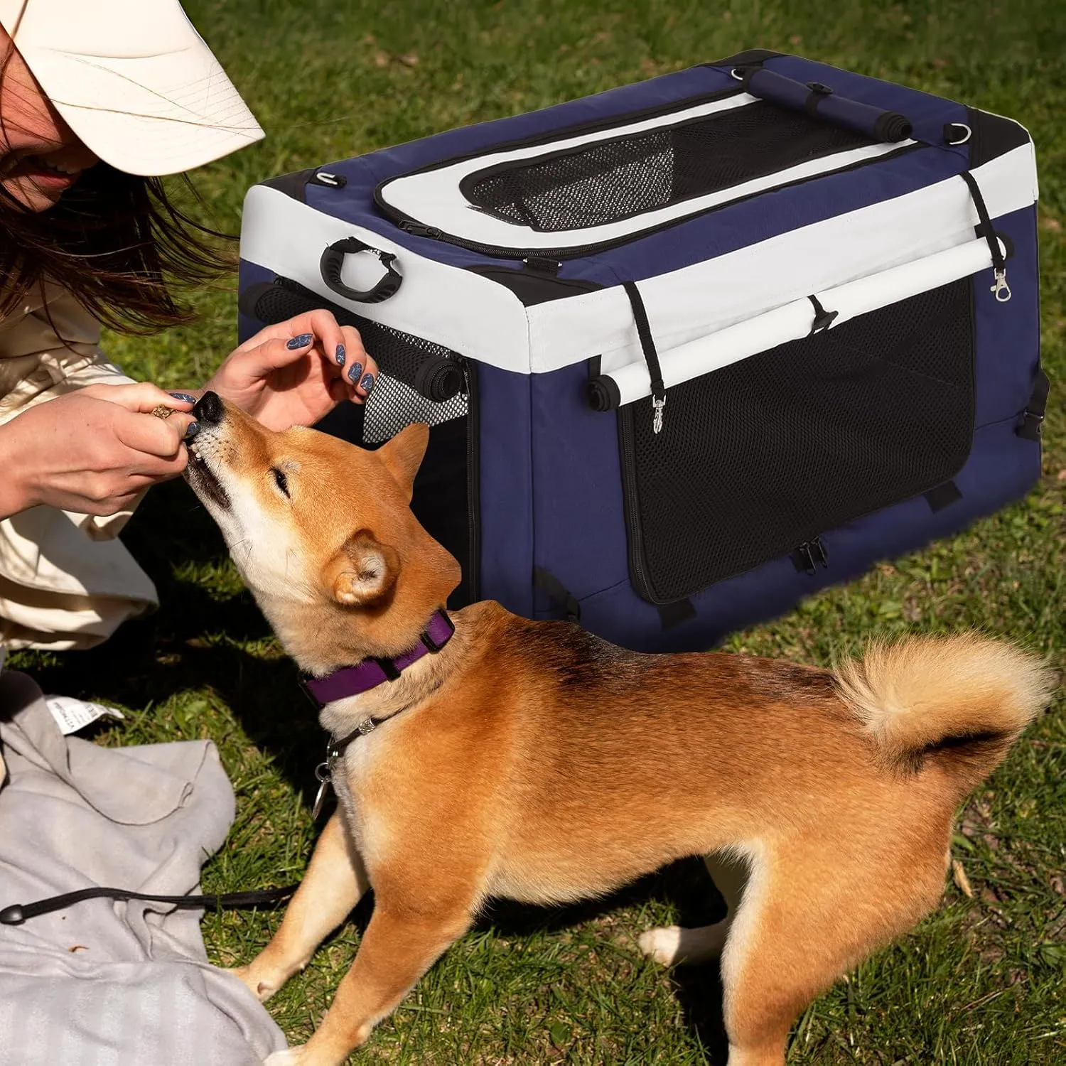 Magshion 4 Wheels Pet Stroller for Medium Dogs up to 45lbs, Foldable Travel Jogger w/Detachable Carrier, Breathable Mesh, Storage Pocket, Navy Blue Soft Dog Crate