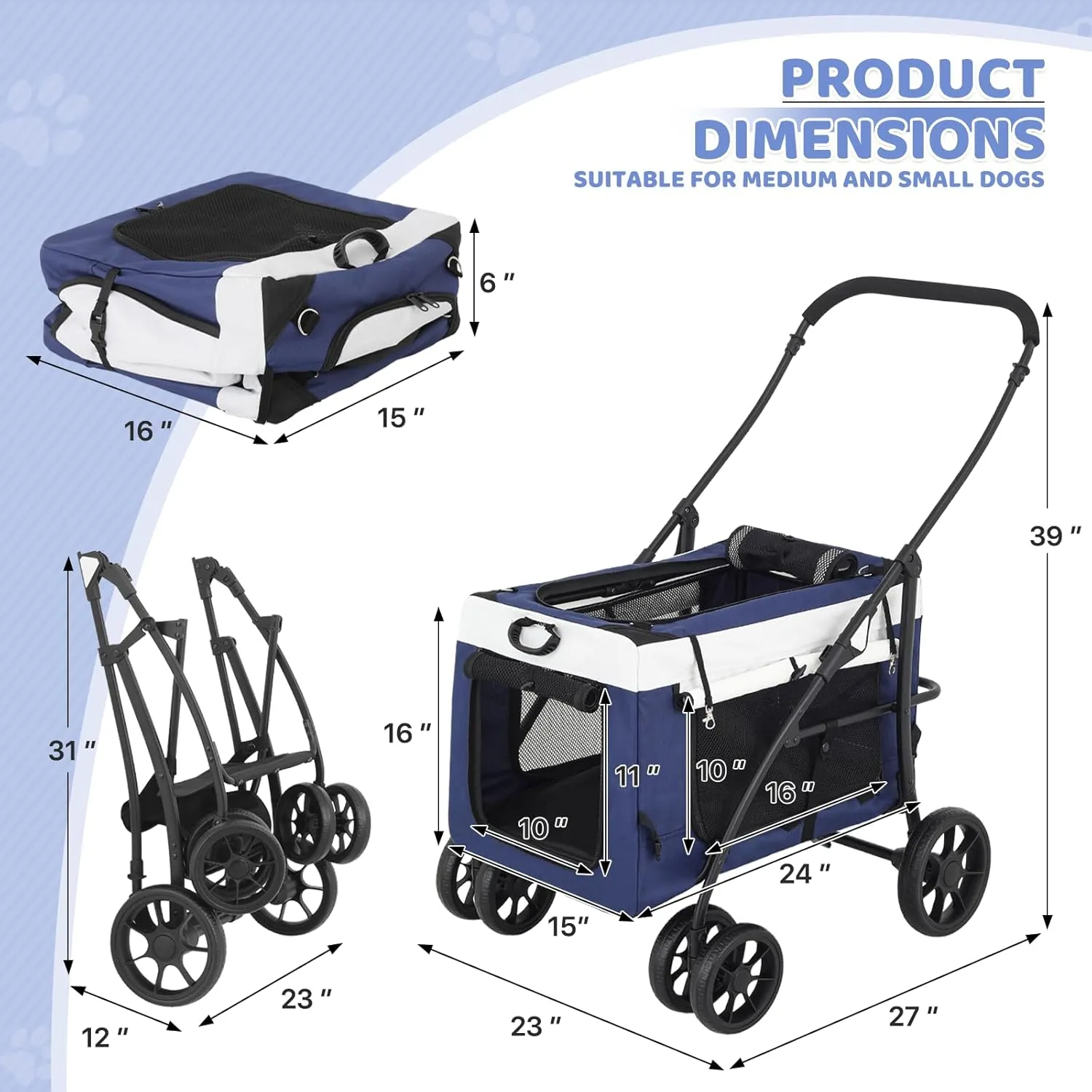 Magshion 4 Wheels Pet Stroller for Medium Dogs up to 45lbs, Foldable Travel Jogger w/Detachable Carrier, Breathable Mesh, Storage Pocket, Navy Blue Soft Dog Crate