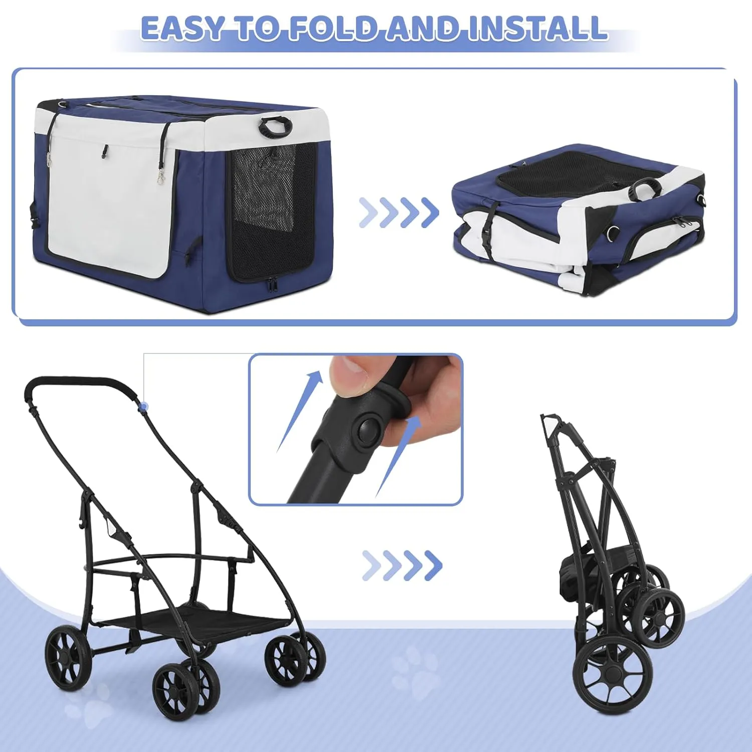 Magshion 4 Wheels Pet Stroller for Medium Dogs up to 45lbs, Foldable Travel Jogger w/Detachable Carrier, Breathable Mesh, Storage Pocket, Navy Blue Soft Dog Crate