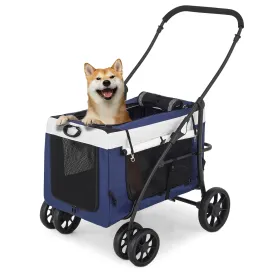 Magshion 4 Wheels Pet Stroller for Medium Dogs up to 45lbs, Foldable Travel Jogger w/Detachable Carrier, Breathable Mesh, Storage Pocket, Navy Blue Soft Dog Crate