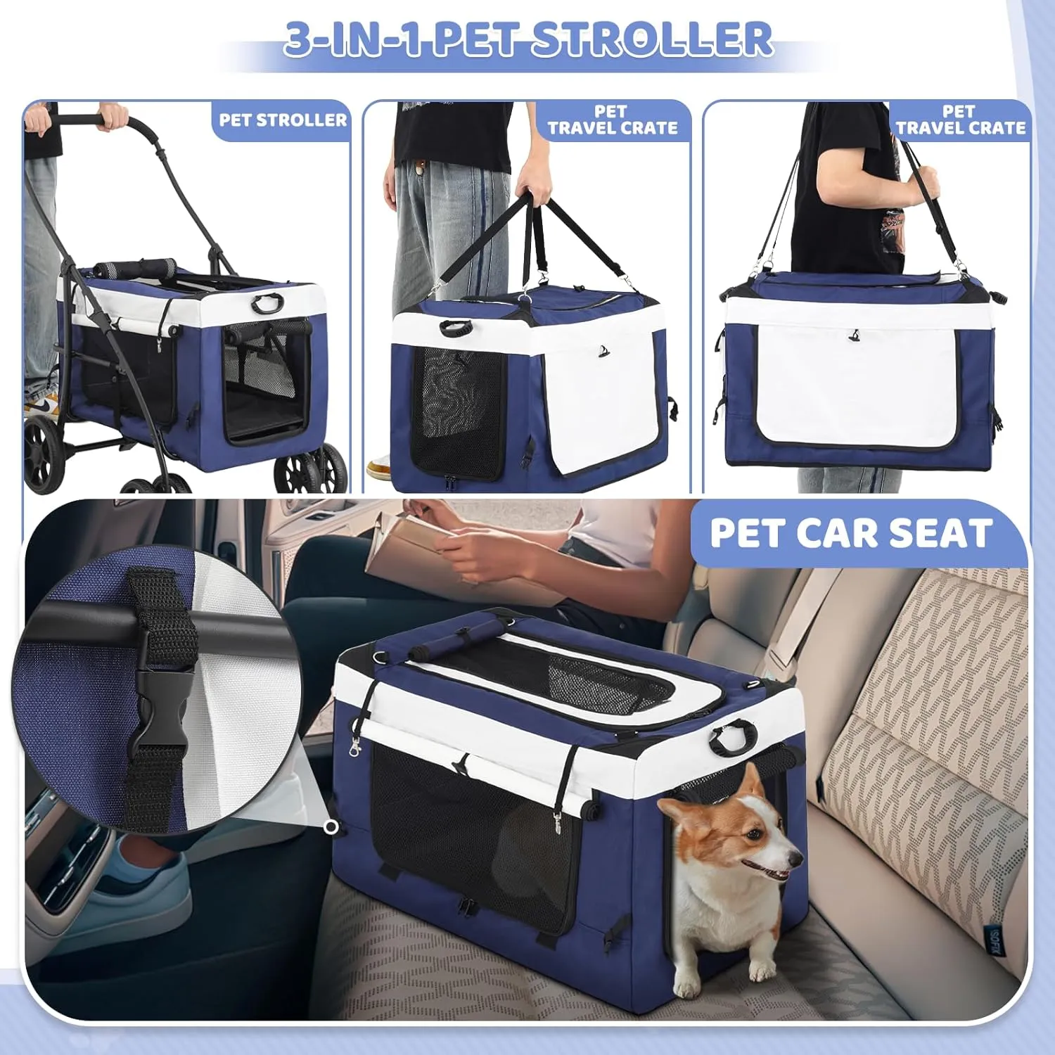 Magshion 4 Wheels Pet Stroller for Medium Dogs up to 45lbs, Foldable Travel Jogger w/Detachable Carrier, Breathable Mesh, Storage Pocket, Navy Blue Soft Dog Crate