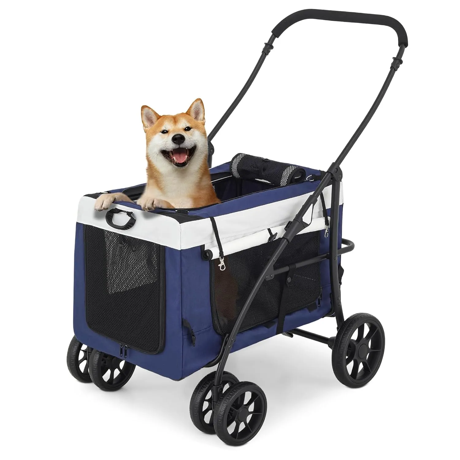 Magshion 4 Wheels Pet Stroller for Medium Dogs up to 45lbs, Foldable Travel Jogger w/Detachable Carrier, Breathable Mesh, Storage Pocket, Navy Blue Soft Dog Crate