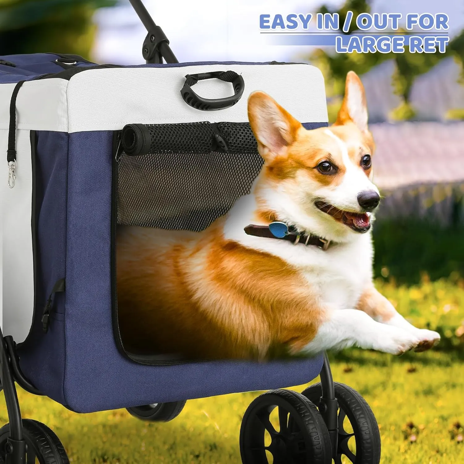 Magshion 4 Wheels Pet Stroller for Medium Dogs up to 45lbs, Foldable Travel Jogger w/Detachable Carrier, Breathable Mesh, Storage Pocket, Navy Blue Soft Dog Crate