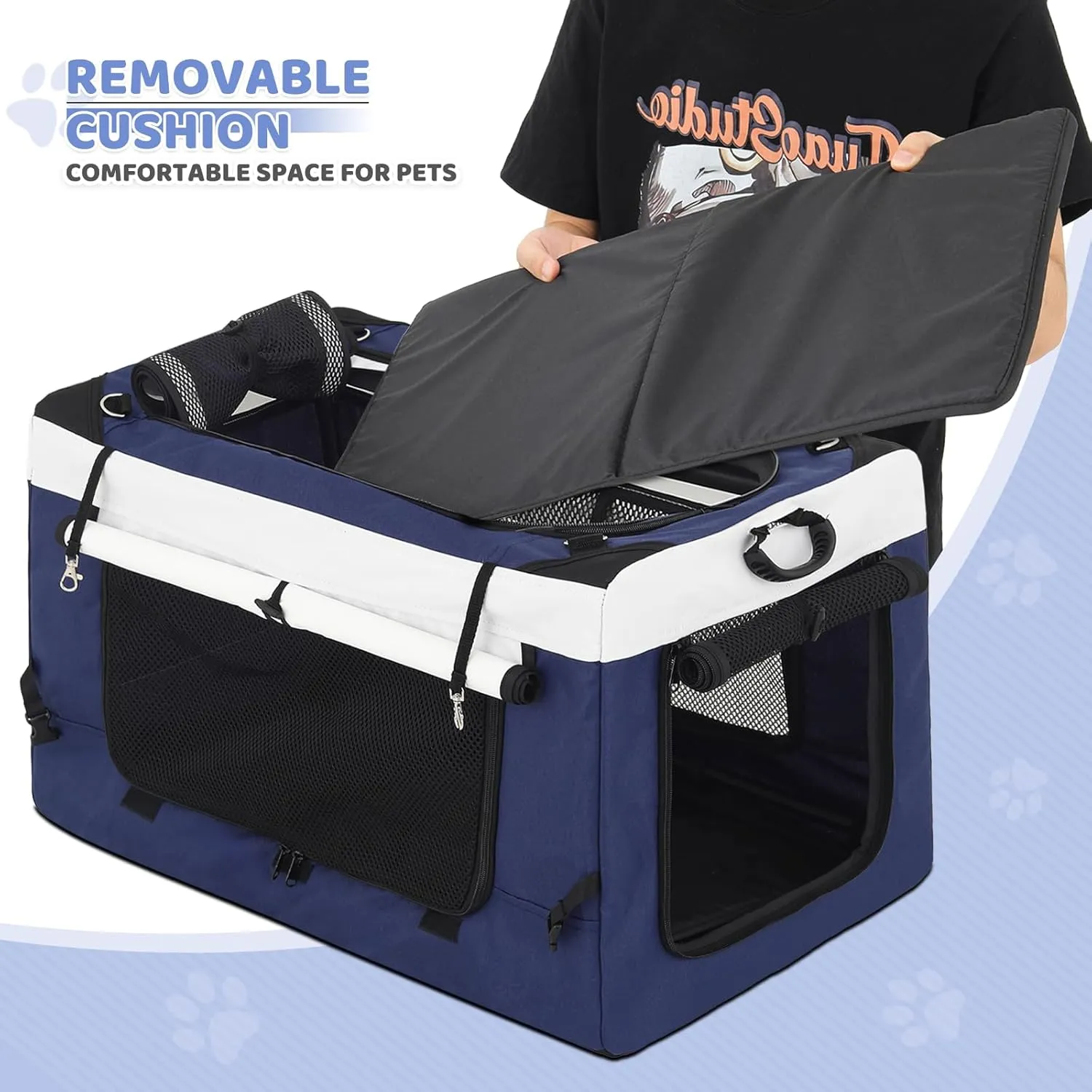 Magshion 4 Wheels Pet Stroller for Medium Dogs up to 45lbs, Foldable Travel Jogger w/Detachable Carrier, Breathable Mesh, Storage Pocket, Navy Blue Soft Dog Crate