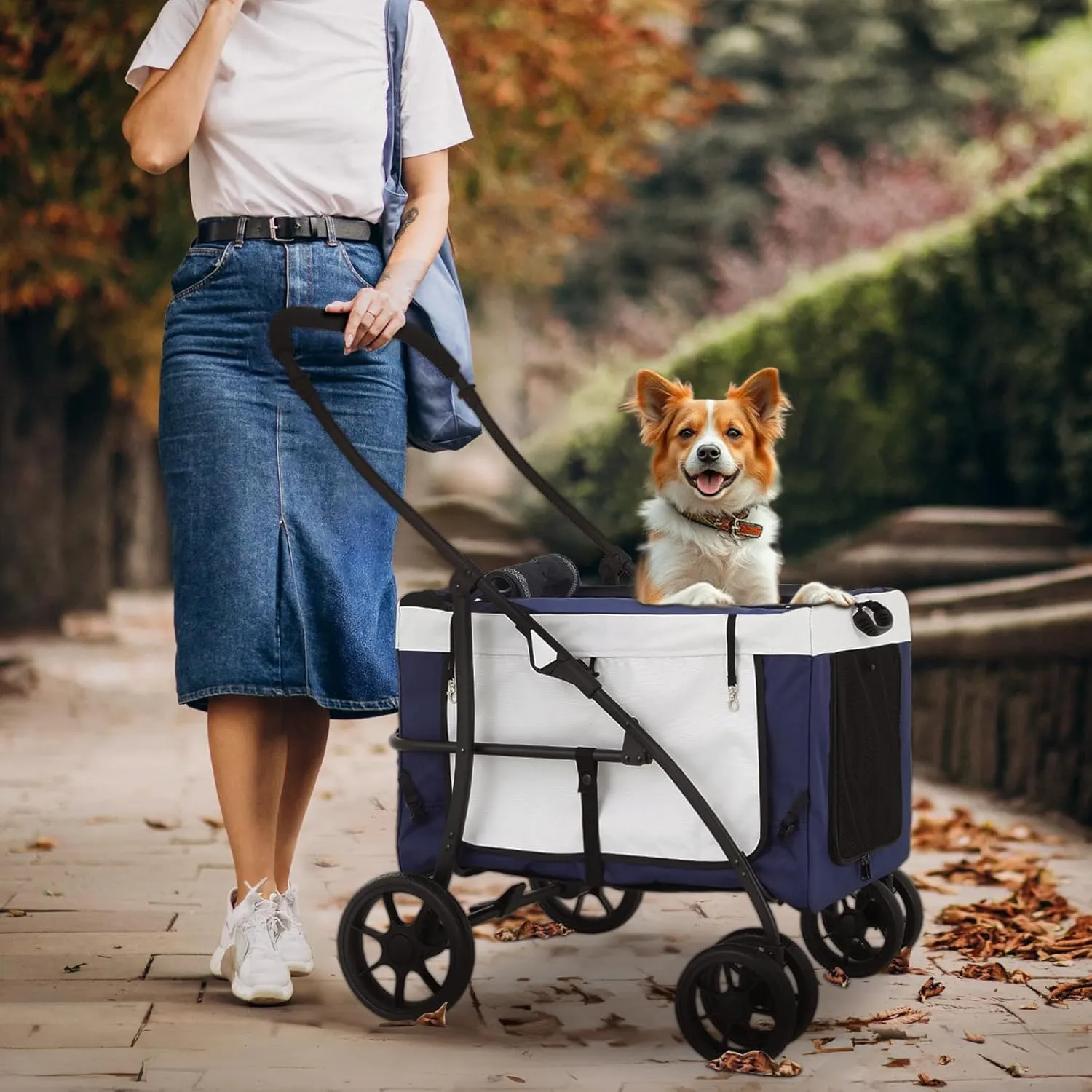 Magshion 4 Wheels Pet Stroller for Medium Dogs up to 45lbs, Foldable Travel Jogger w/Detachable Carrier, Breathable Mesh, Storage Pocket, Navy Blue Soft Dog Crate