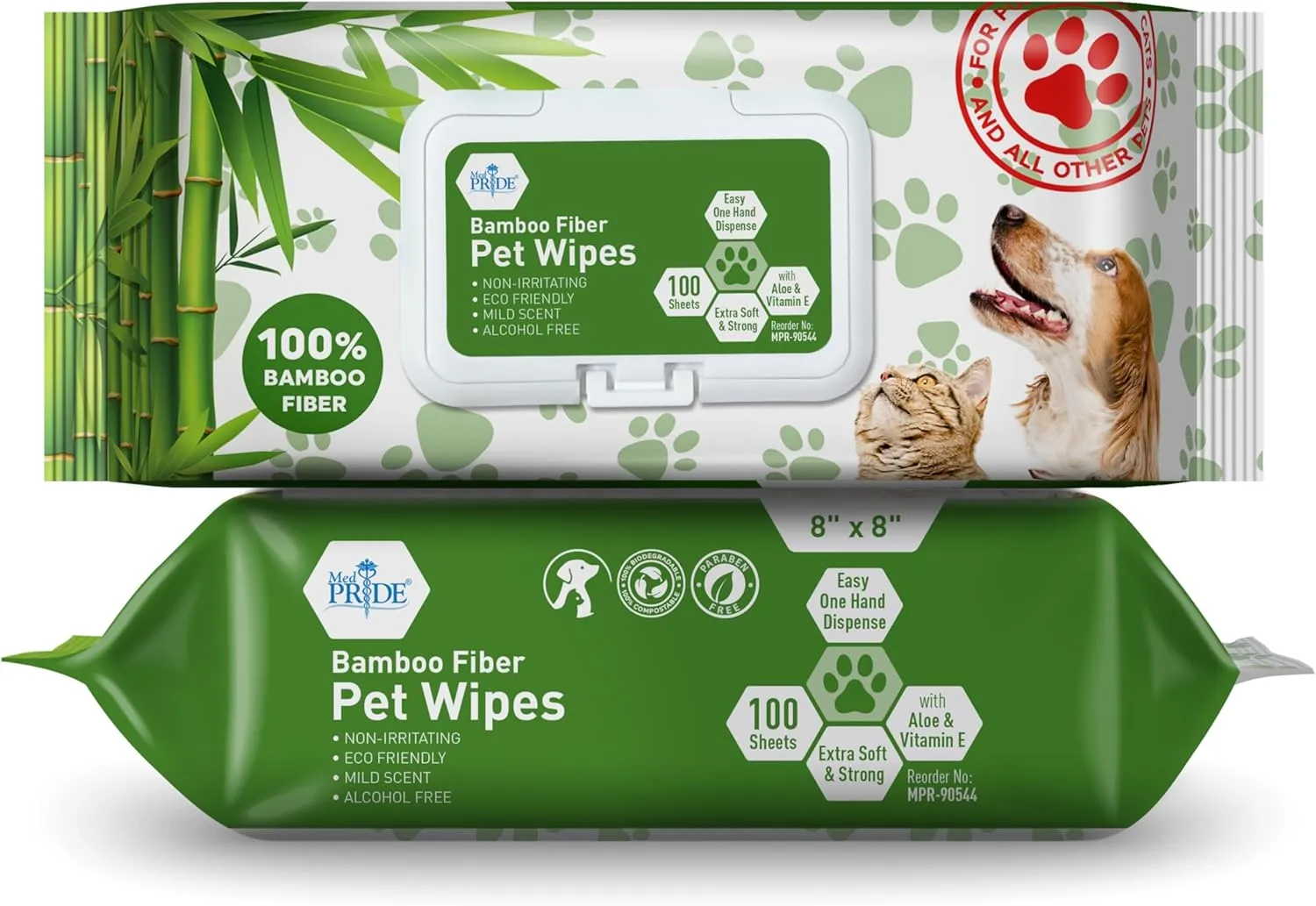 MED PRIDE Dog Wipes for Paws and Butt, Bamboo Fiber Cleaning Wipes with Aloe Vera & Vitamin E, Biodegradable, Hypoallergenic, XL 8 X 8 Inches, Pack of 100