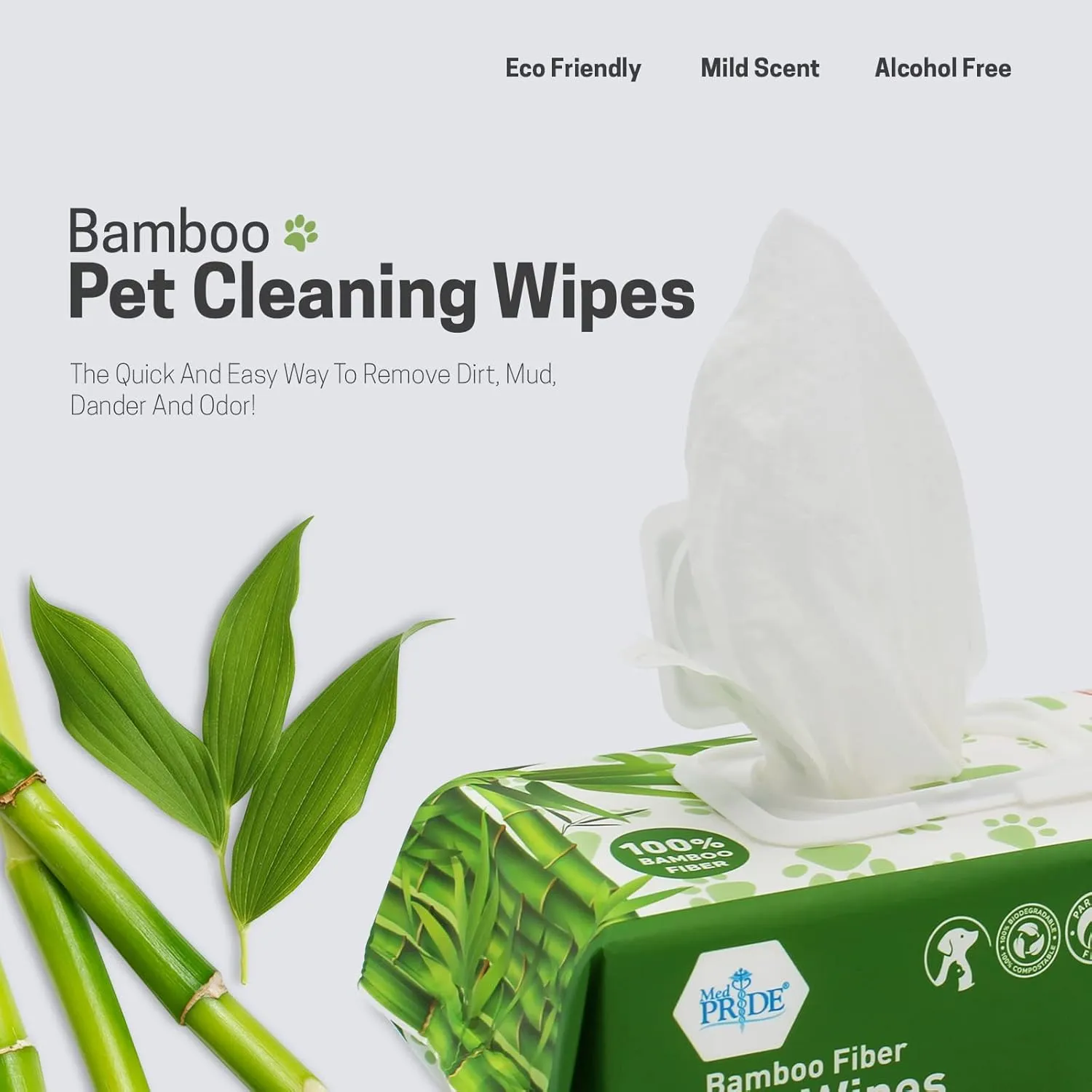 MED PRIDE Dog Wipes for Paws and Butt, Bamboo Fiber Cleaning Wipes with Aloe Vera & Vitamin E, Biodegradable, Hypoallergenic, XL 8 X 8 Inches, Pack of 100