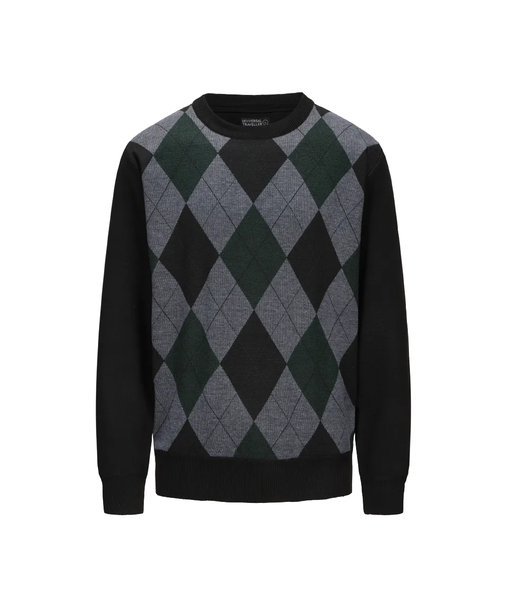 Men's Crew Neck Argyle Pattern Knitted Sweater