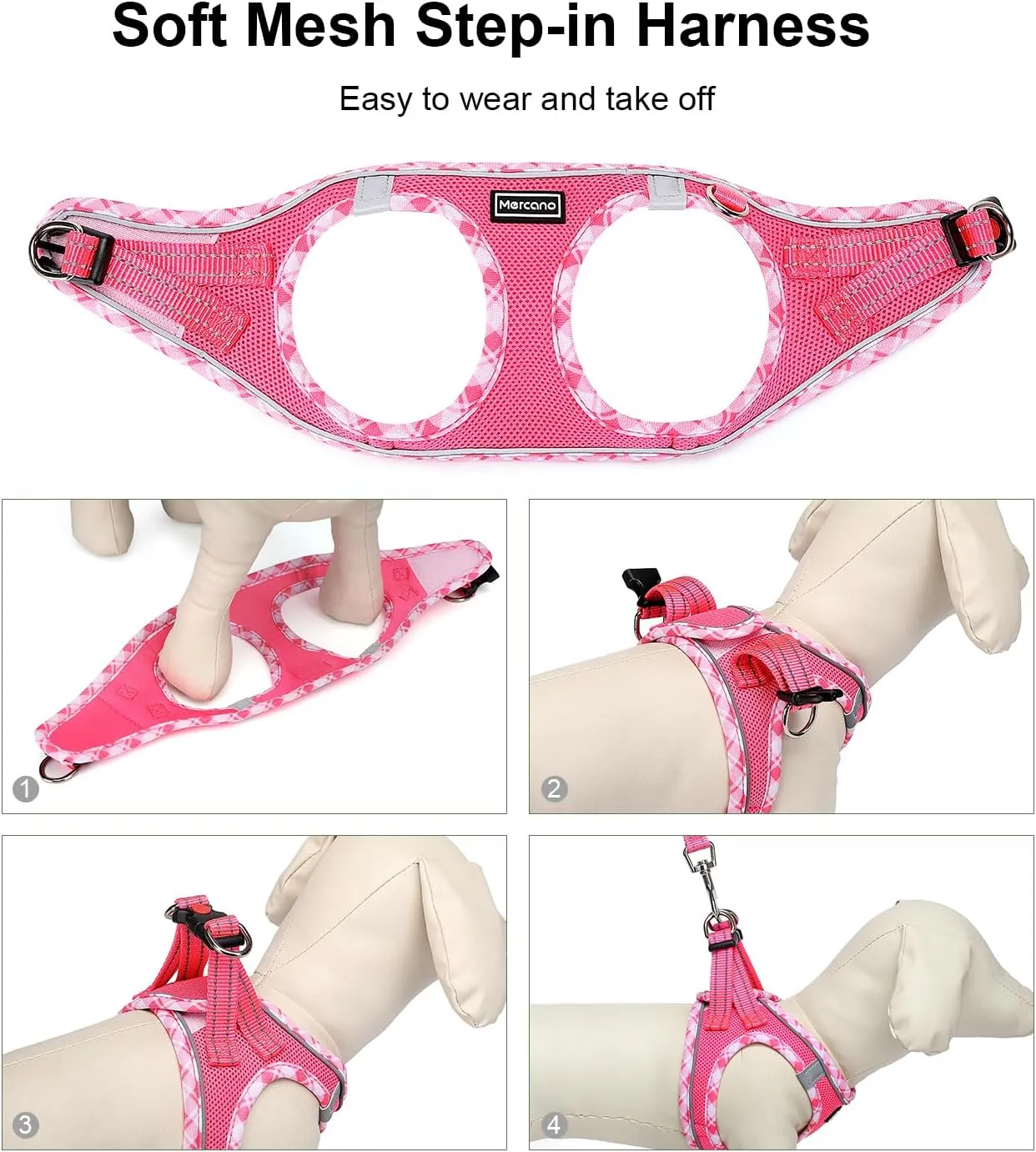 Mercano Soft Mesh Dog Harness and Leash Set, No-Chock Step-in Reflective Breathable Lightweight Easy Walk Vest Harnesses with Safety Buckle for Small Dogs, Cats (S, Fuchsia)