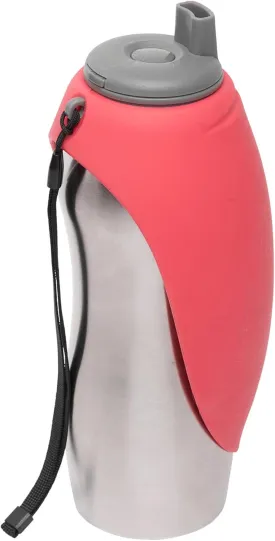 Messy Mutts Stainless Steel Travel Water Bottle with Silicone Flip Up Bowl | Pet Travel Necessity | Camping, Hiking, Walking Accessory | 24 oz / 700mL | Watermelon