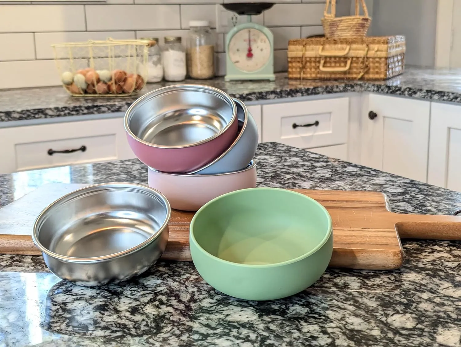 Monkey Proof Non-Toxic Stainless Steel Child Bowl 5 with Non-Slip Silicone Shell, Multi-color, (Set of 4 bowls) Unbreakable, Mess Free Feeding for Babies, Toddlers, Kids, BPA free