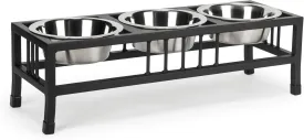 NMN Designs Baron Triple Bowl Diner - Raised Pet Feeder, Black - 3 Bowl Cat & Dog Stand - Metal - Best 3 Qt Stainless Bowls - 10" Tall - Elevated Stainless Steel - Multi Pet Feeder