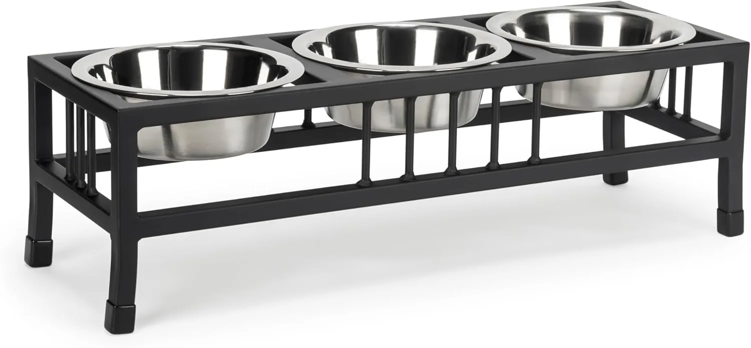 NMN Designs Baron Triple Bowl Diner - Raised Pet Feeder, Black - 3 Bowl Cat & Dog Stand - Metal - Best 3 Qt Stainless Bowls - 10" Tall - Elevated Stainless Steel - Multi Pet Feeder