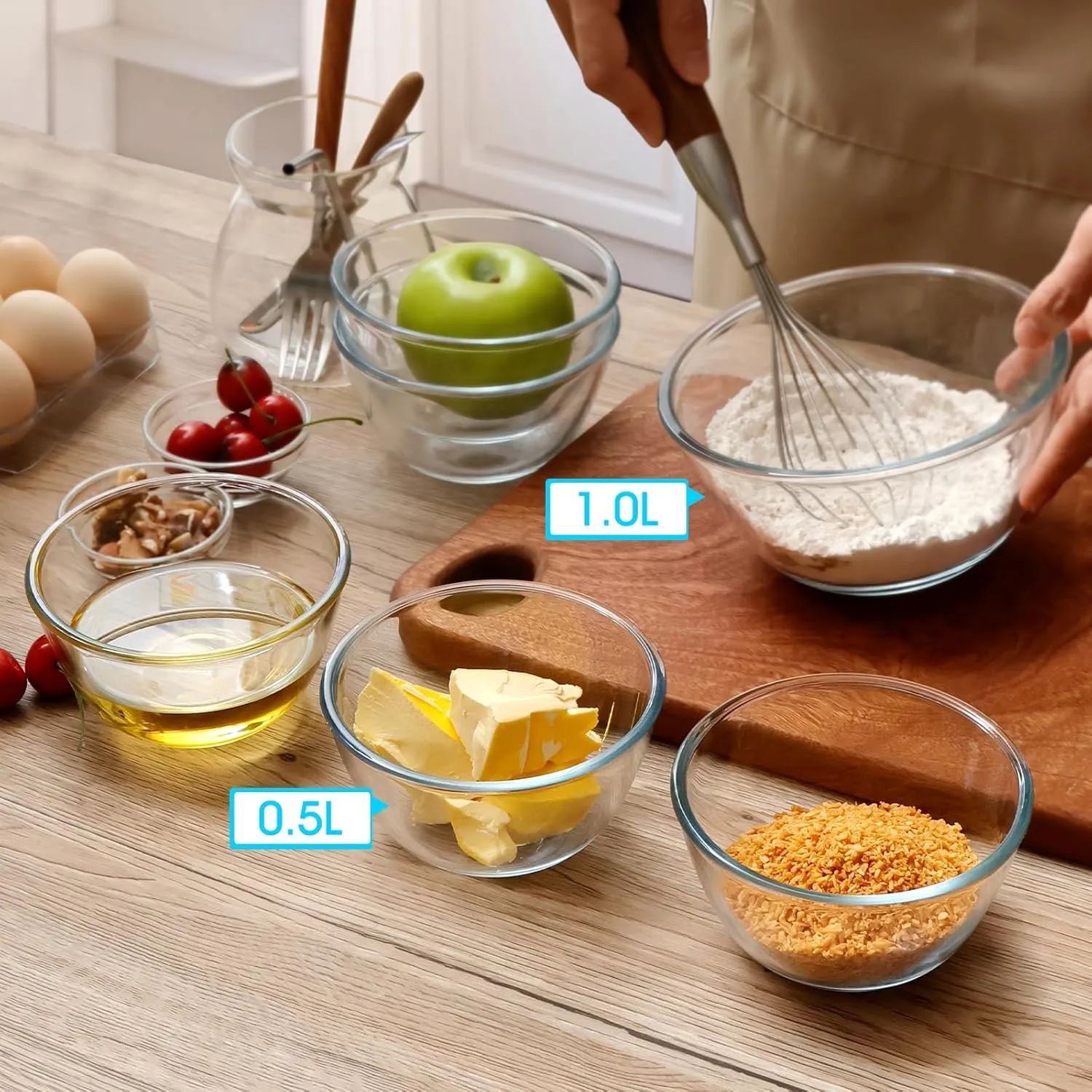NUTRIUPS Glass Mixing Bowls Borosilicate 6.1in Glass Salad Bowl 35oz Clear Glass Bowls for Bread, Set of 2
