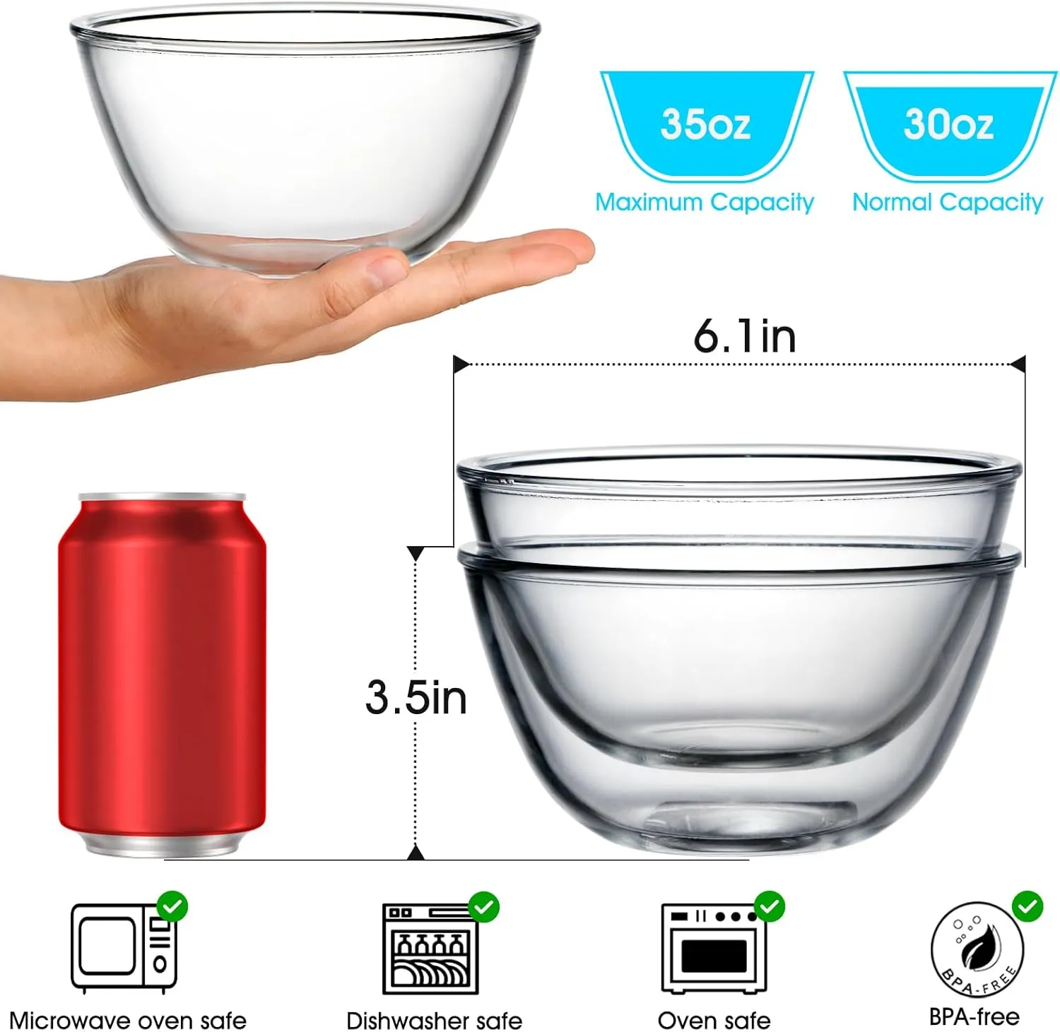 NUTRIUPS Glass Mixing Bowls Borosilicate 6.1in Glass Salad Bowl 35oz Clear Glass Bowls for Bread, Set of 2