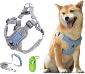 Patas Lague Dog Harness with Leash Set for Small Medium Dogs, No Pull No Choke Reflective Step in X Head Pet Harness Vest with Poop Bags and Dispenser, Adjustable and Padded, Blue Small