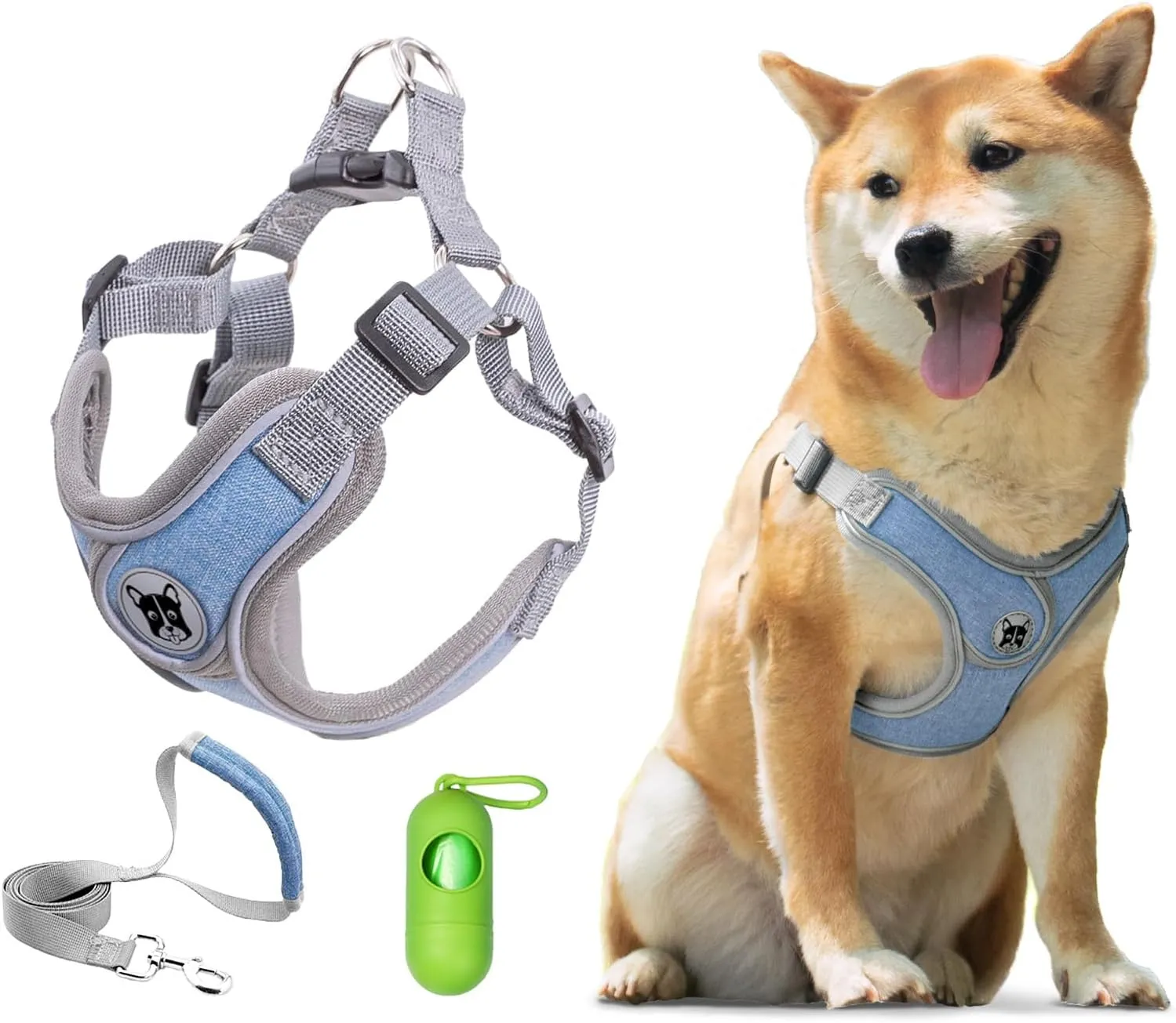 Patas Lague Dog Harness with Leash Set for Small Medium Dogs, No Pull No Choke Reflective Step in X Head Pet Harness Vest with Poop Bags and Dispenser, Adjustable and Padded, Blue Small