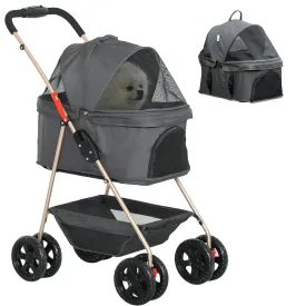 PawHut 3 in 1 Dog Stroller with Detachable Carrier, 4 Wheels Cat Stroller with Storage Basket, Cupholder, Washable Pads, Folding Lightweight Pet carts for Puppy & Kittens, Gray