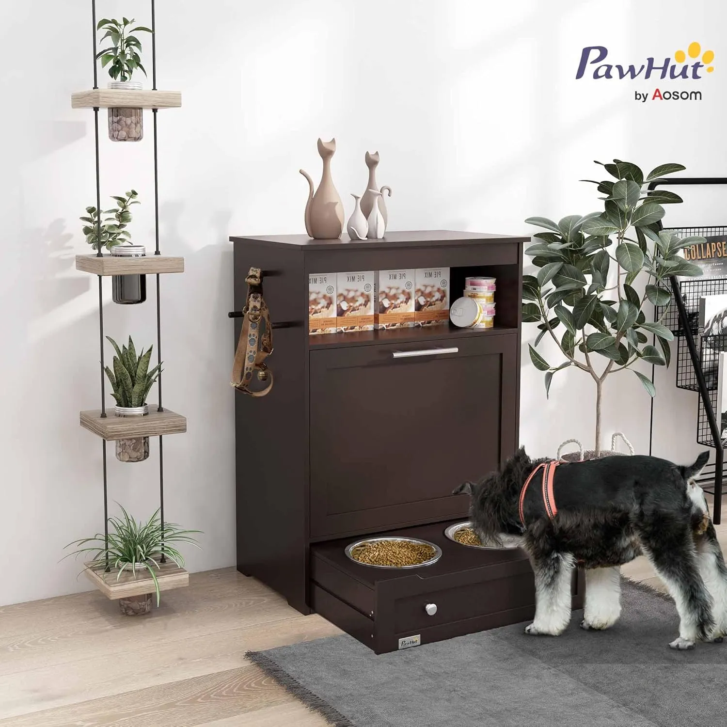 PawHut Dog Feeding Station, Dog Food Storage Pet Feeder Cabinet Container with Dog Raised Bowls and Hanger for Feeding & Watering Supplies, Brown