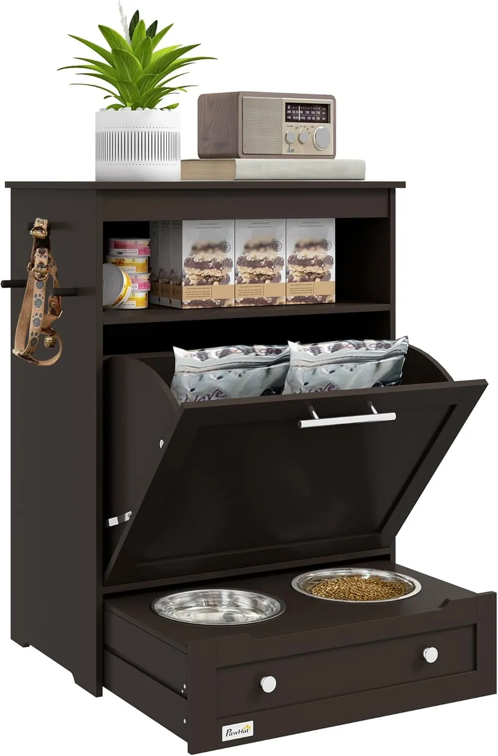 PawHut Dog Feeding Station, Dog Food Storage Pet Feeder Cabinet Container with Dog Raised Bowls and Hanger for Feeding & Watering Supplies, Brown