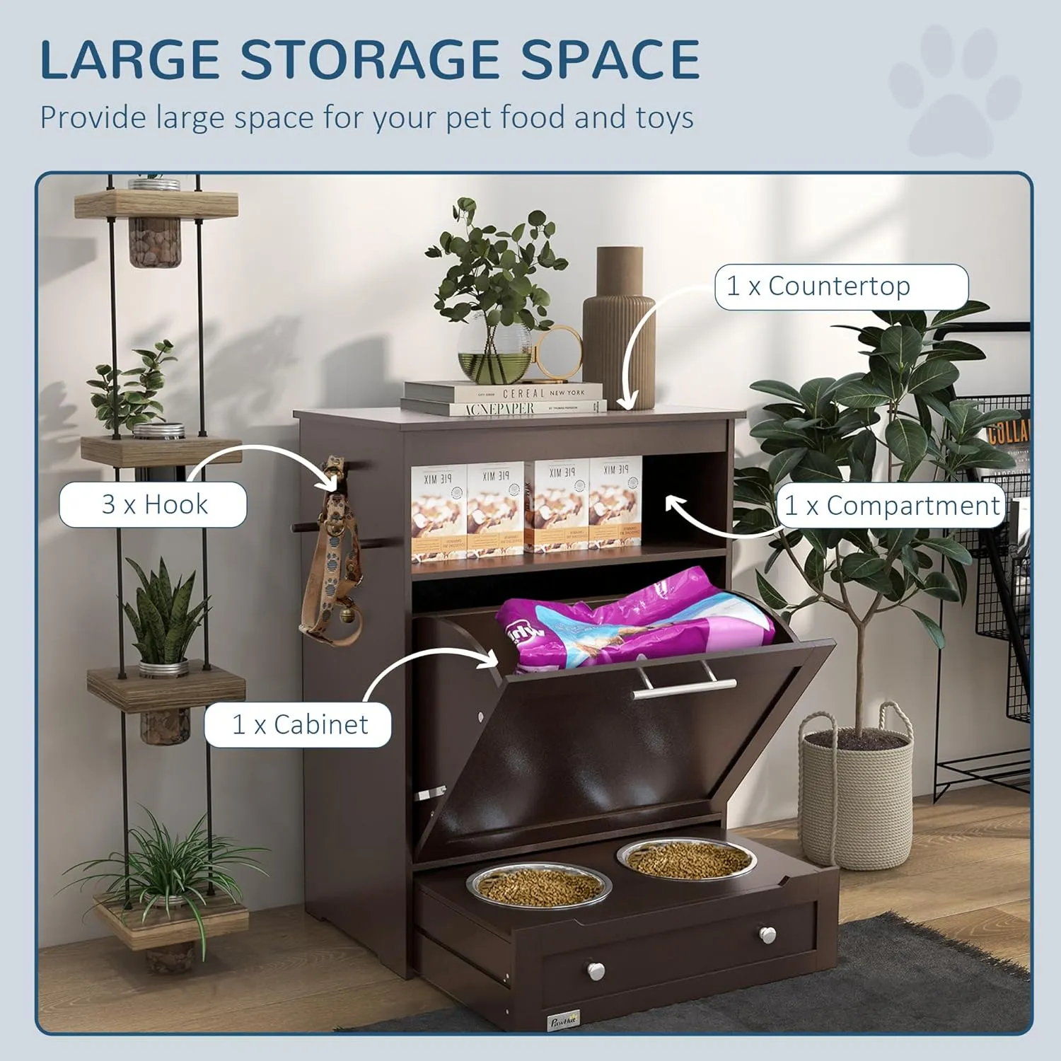 PawHut Dog Feeding Station, Dog Food Storage Pet Feeder Cabinet Container with Dog Raised Bowls and Hanger for Feeding & Watering Supplies, Brown