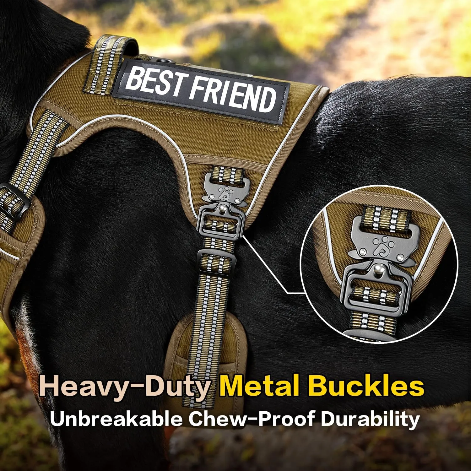 PawsPassion Tactical Dog Harness for X-Large Dogs, Chew-Proof Metal Hardware, Heavy Duty No Pull Dog Harness, Reflective Strips, Adjusting Ring, MOLLE System, Hook and Loop Panel (Sandstone, XL)