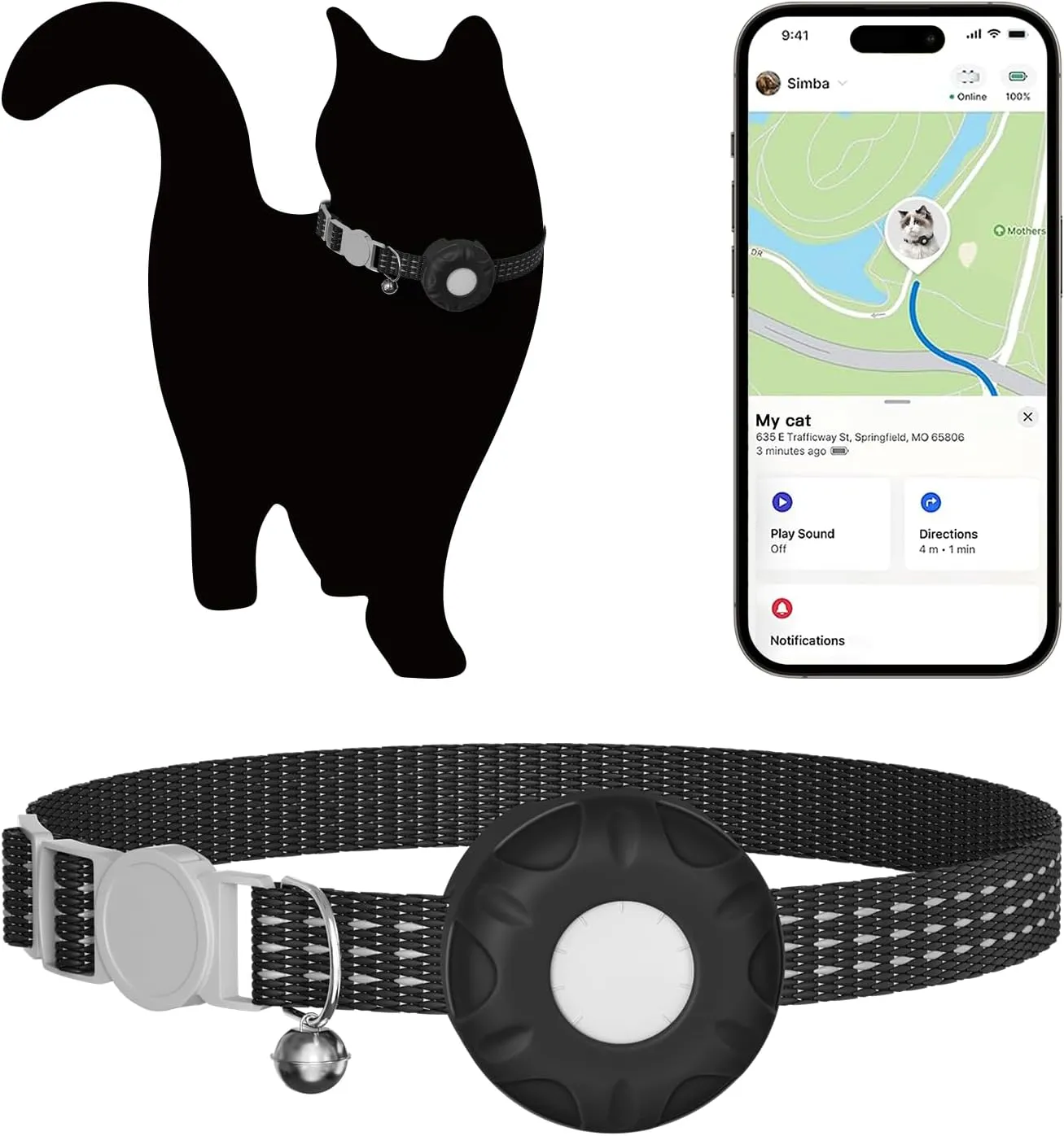 Pet Tracker for Cat, Real-time Cat Tracker with Breakaway Cat Collar, Compatible with Apple Find My(iOS Only), Alarm Alerts, No Monthly Fee, Battery Life Up to 1 Years, Black