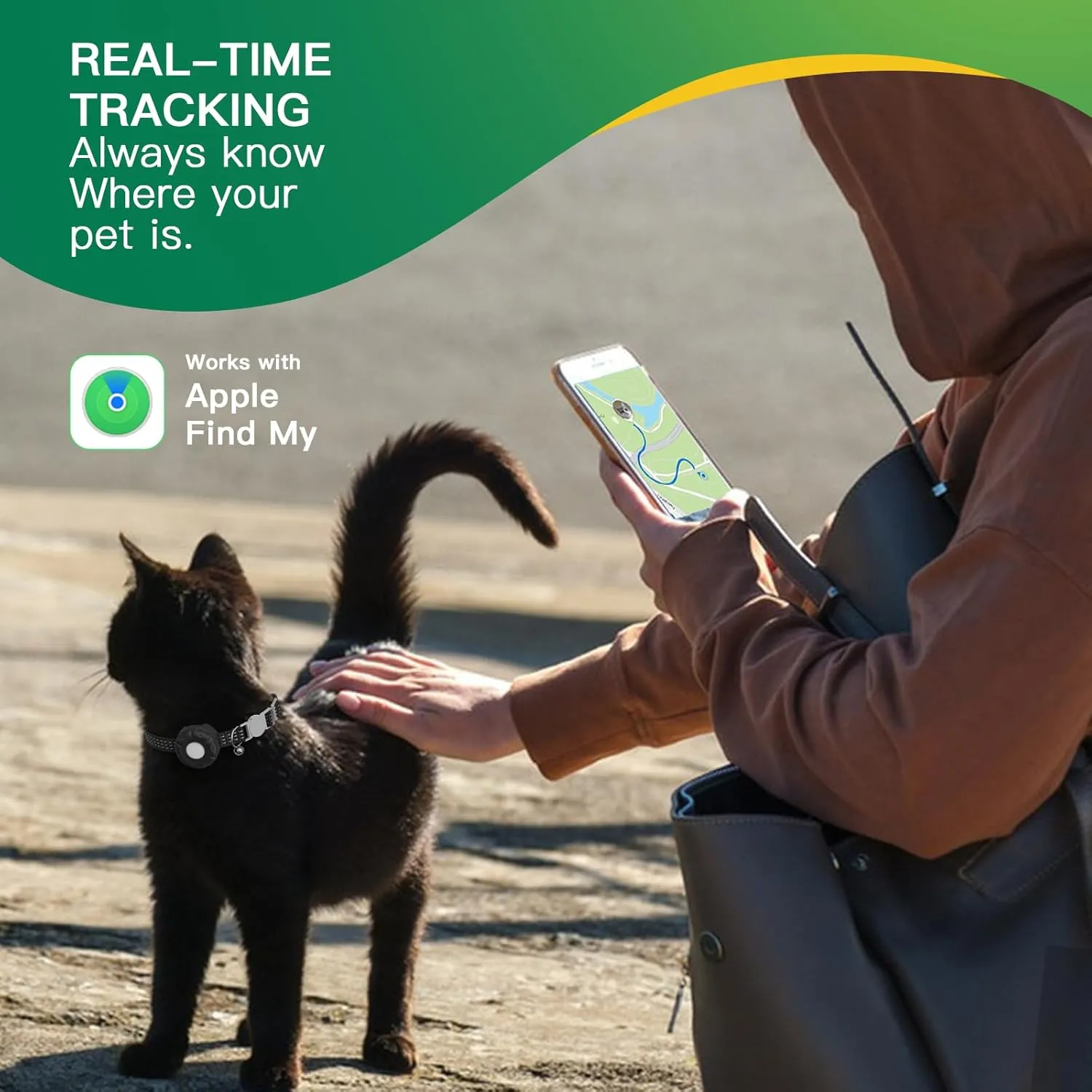 Pet Tracker for Cat, Real-time Cat Tracker with Breakaway Cat Collar, Compatible with Apple Find My(iOS Only), Alarm Alerts, No Monthly Fee, Battery Life Up to 1 Years, Black