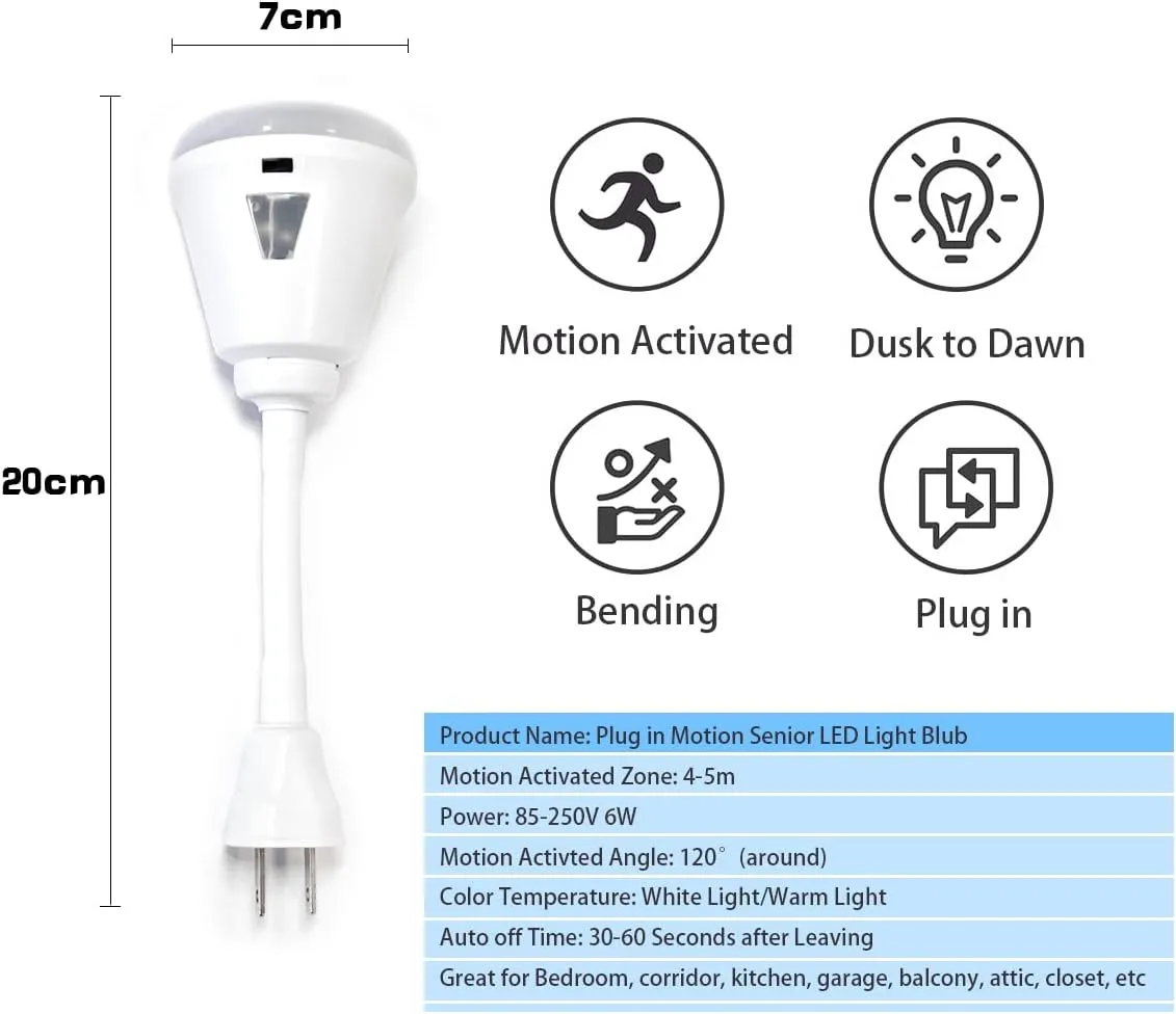 Plug in Motion Sensor Night Light, LED Infrared Sensor Light 6W Light AC 85-265V PIR Infrared Sensor Motion Detector Light Bulb Lamp (Warm Light, US Plug)
