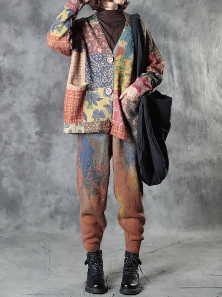Plus Size Autumn Colorful Flower Knitted Floral Sweater Coat AS1048